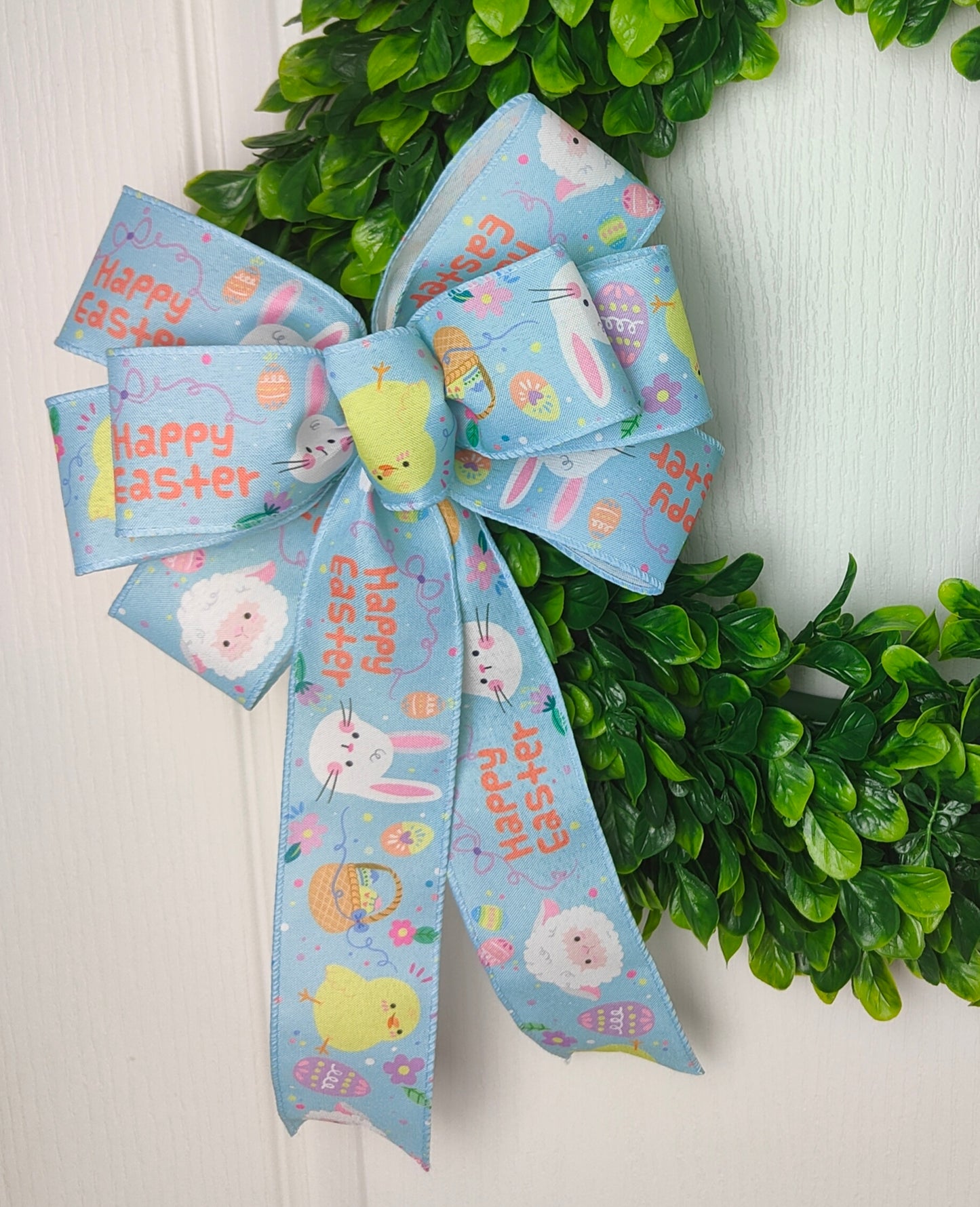 Blue Rabbit Happy Easter Wreath Bow basket