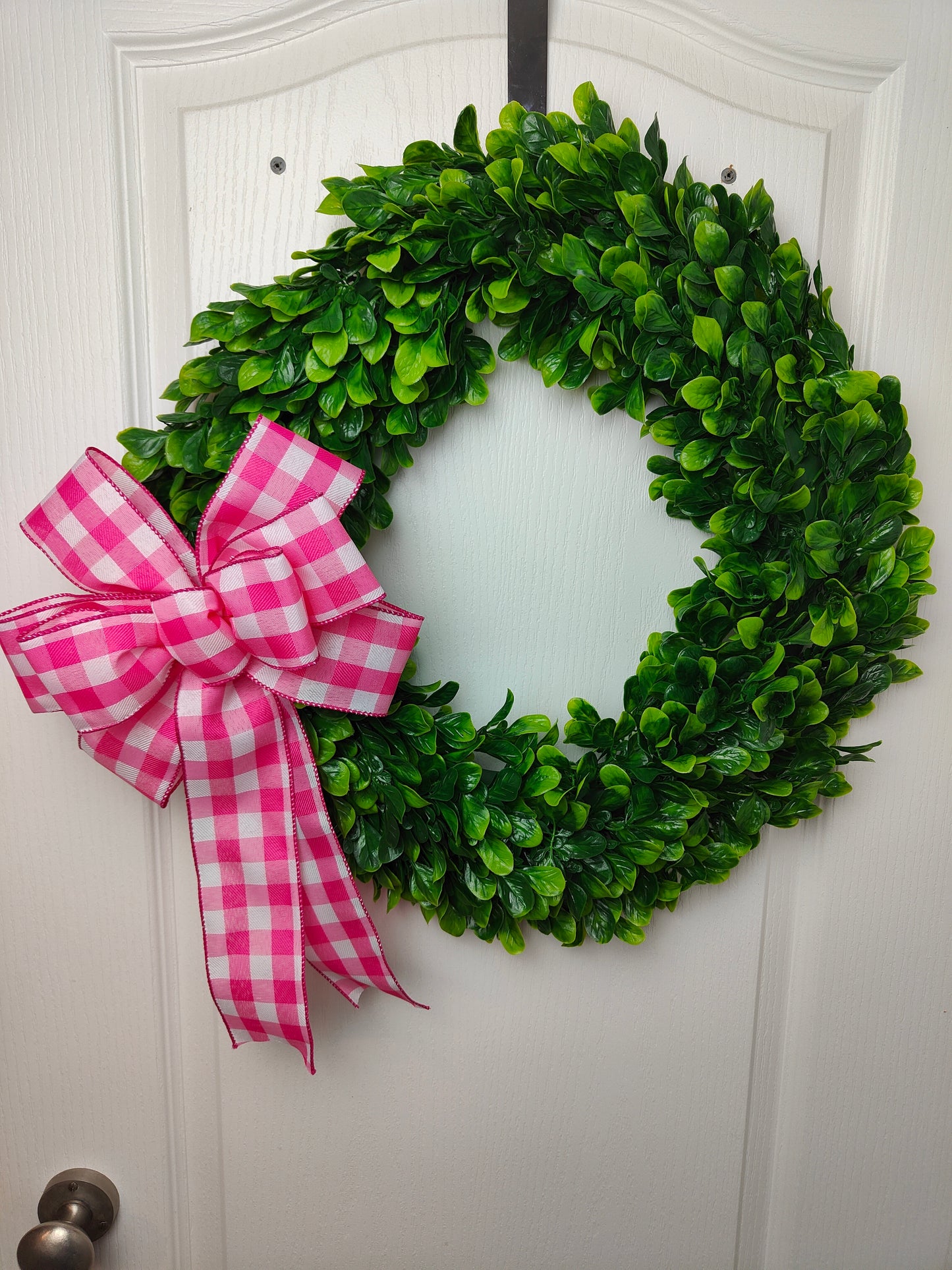 pink white bow wreath gingham check