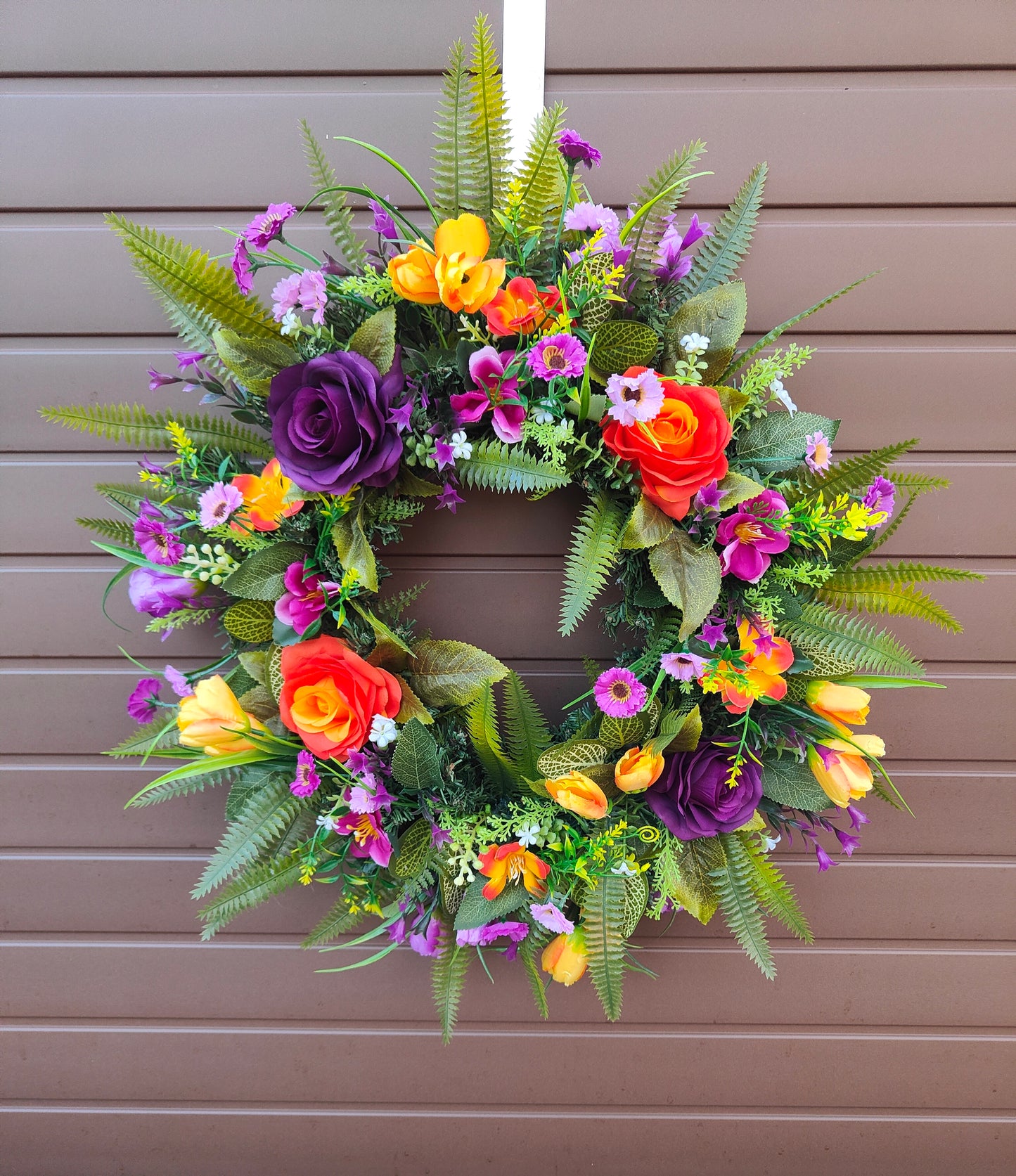 Purple orange faux flower wreath summer farmhouse
