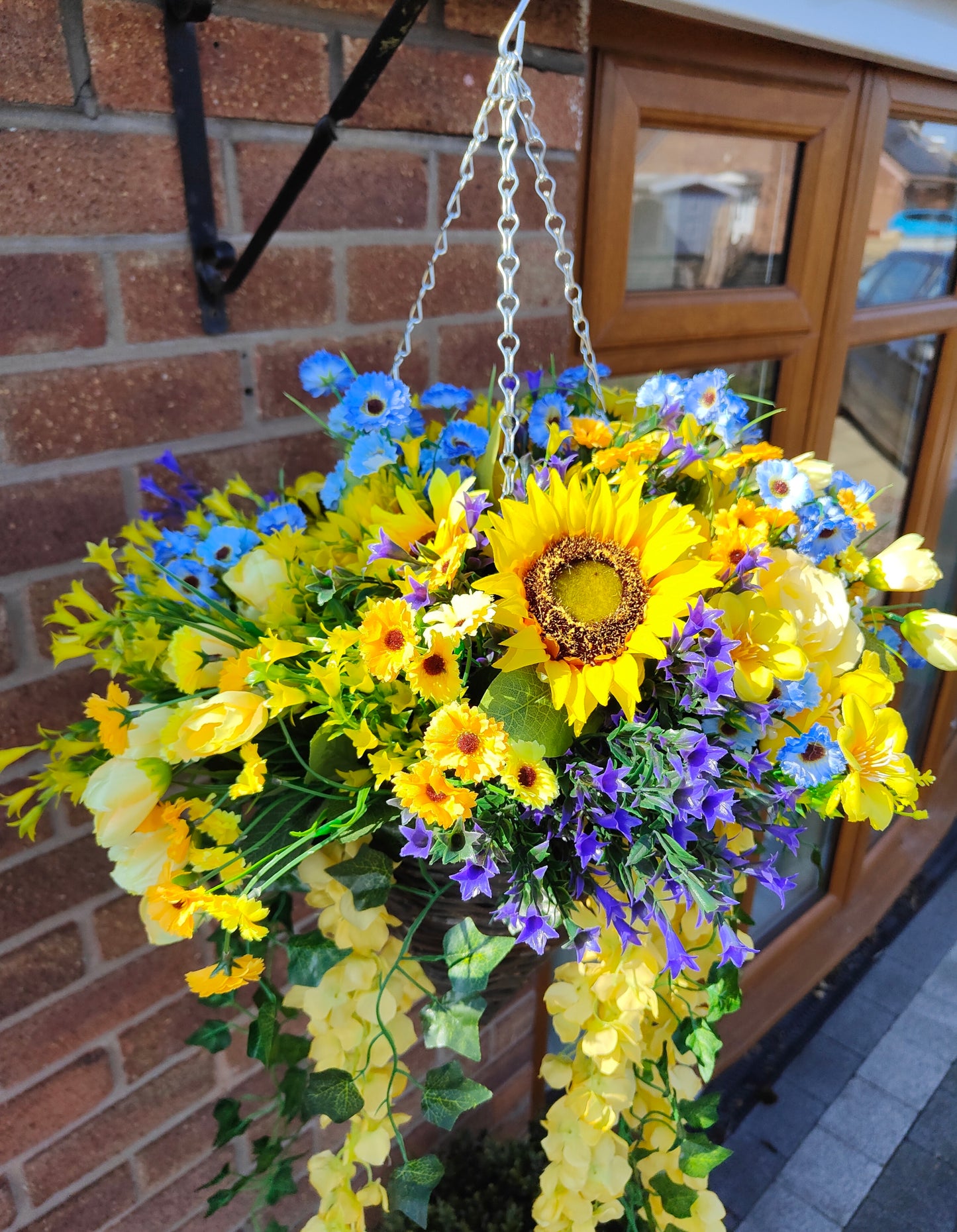 Yellow sunflower artificial flower hanging basket garden outdoor pub