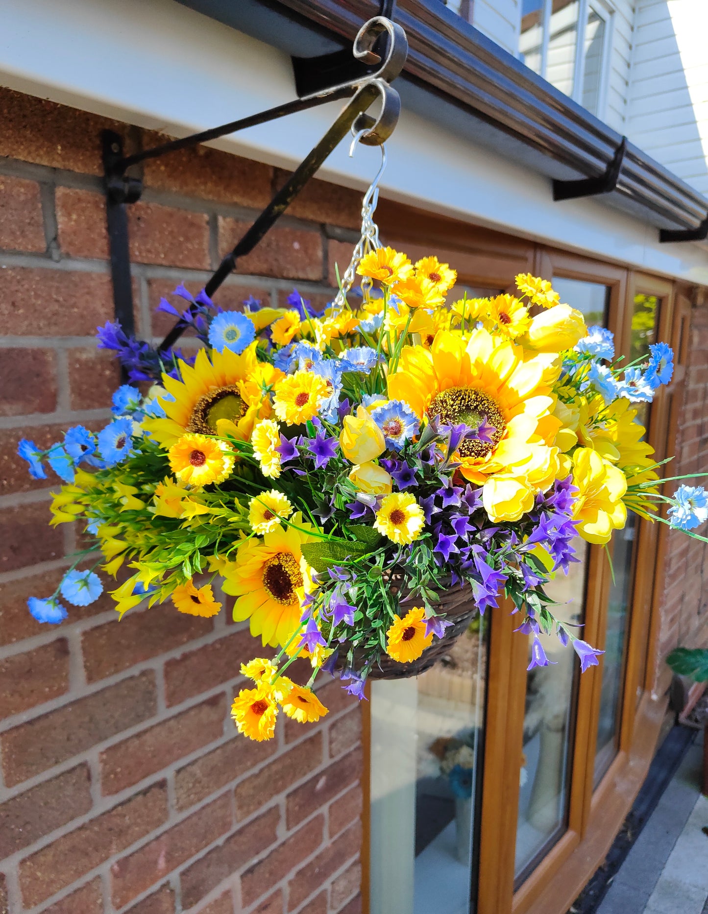 Sunflower artificial flower hanging basket yellow purple blue garden outdoor