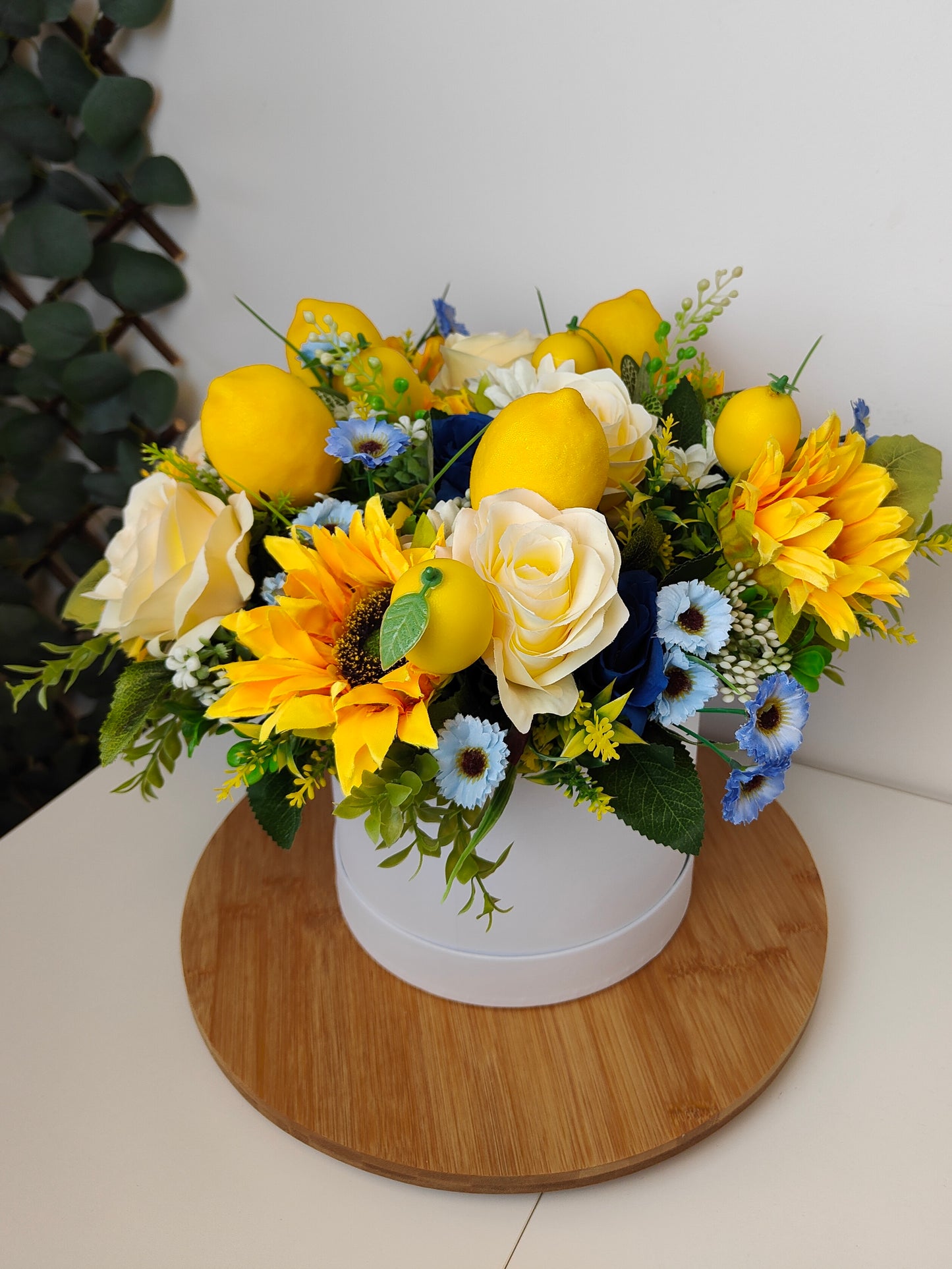 Almafi Inspired Sunflower Lemon Artificial Hat Box Flower Arrangement Free P&P
