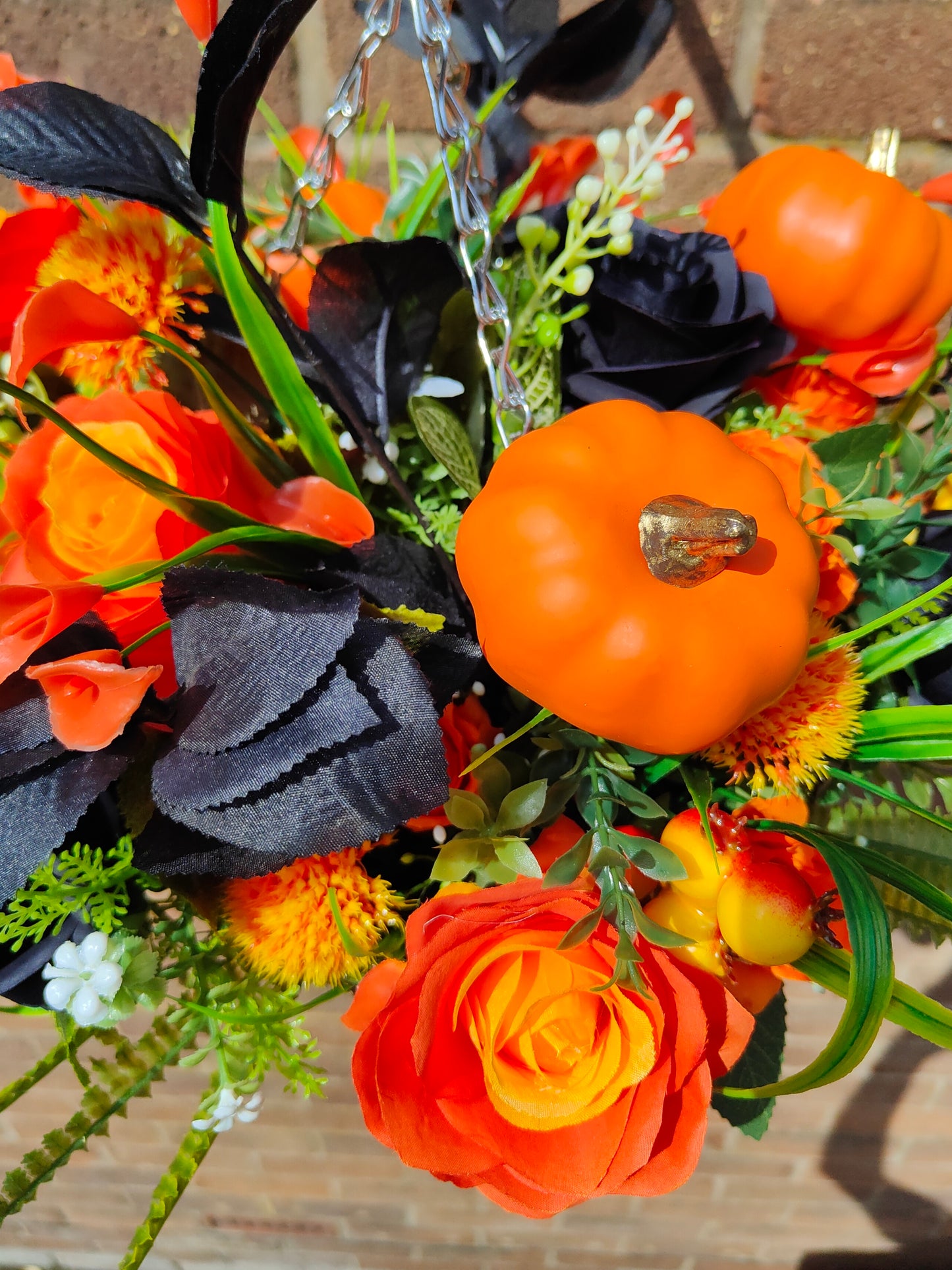 Witchy Artificial Flower Hanging Basket – Orange & Black with Pumpkins 10 inch