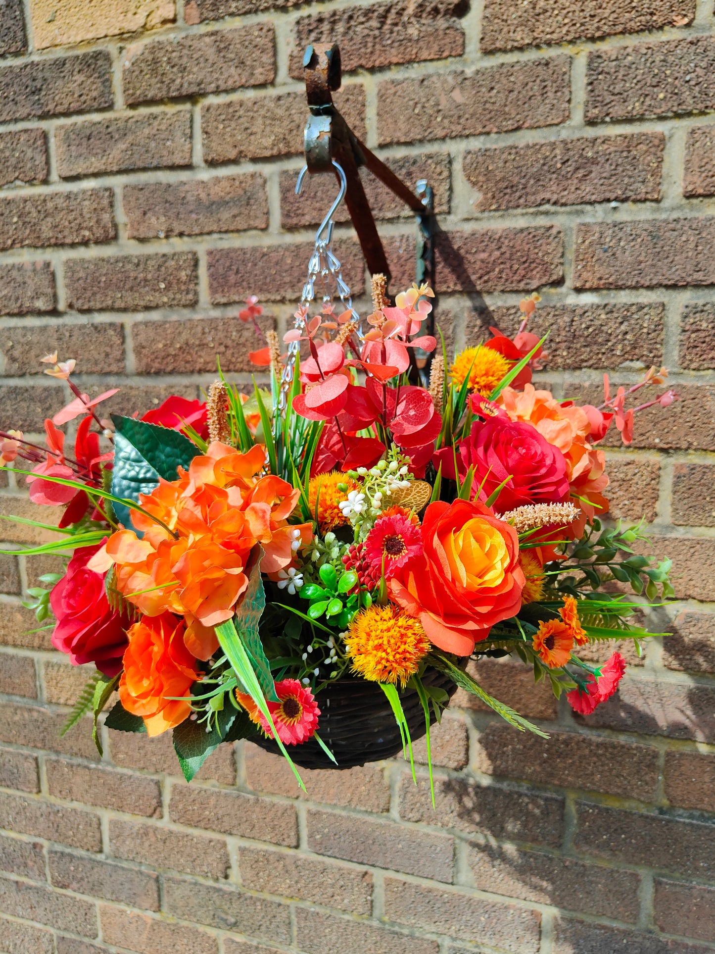 Autumn Red Orange Colours Artificial Flower Hanging Basket 10 inch
