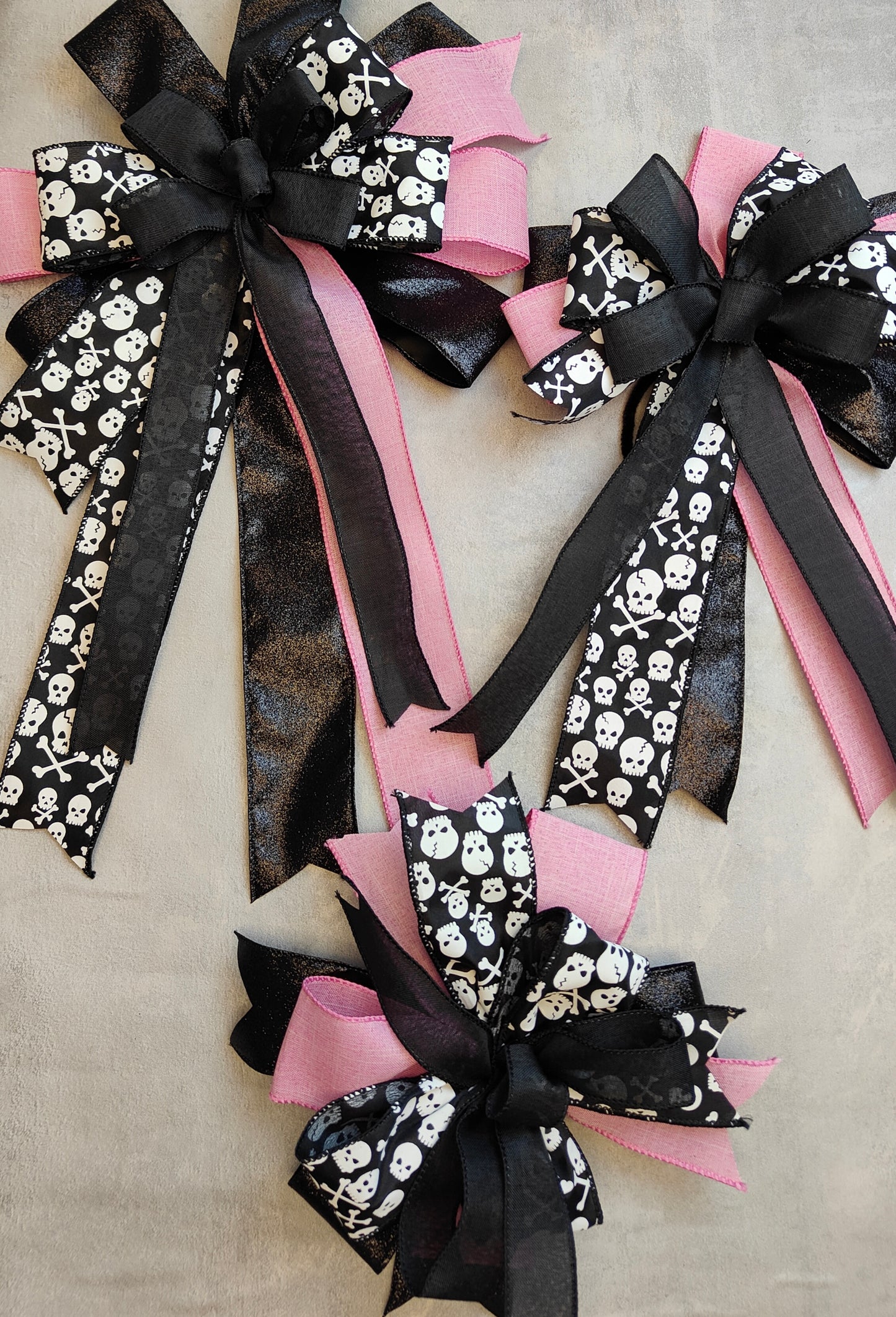 Black Pink Skull Halloween Bow 10 inch With Tails
