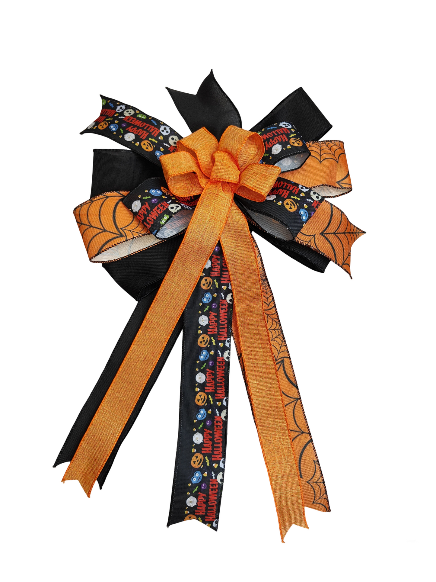 Black Orange Halloween Bow 10 inch With Tails
