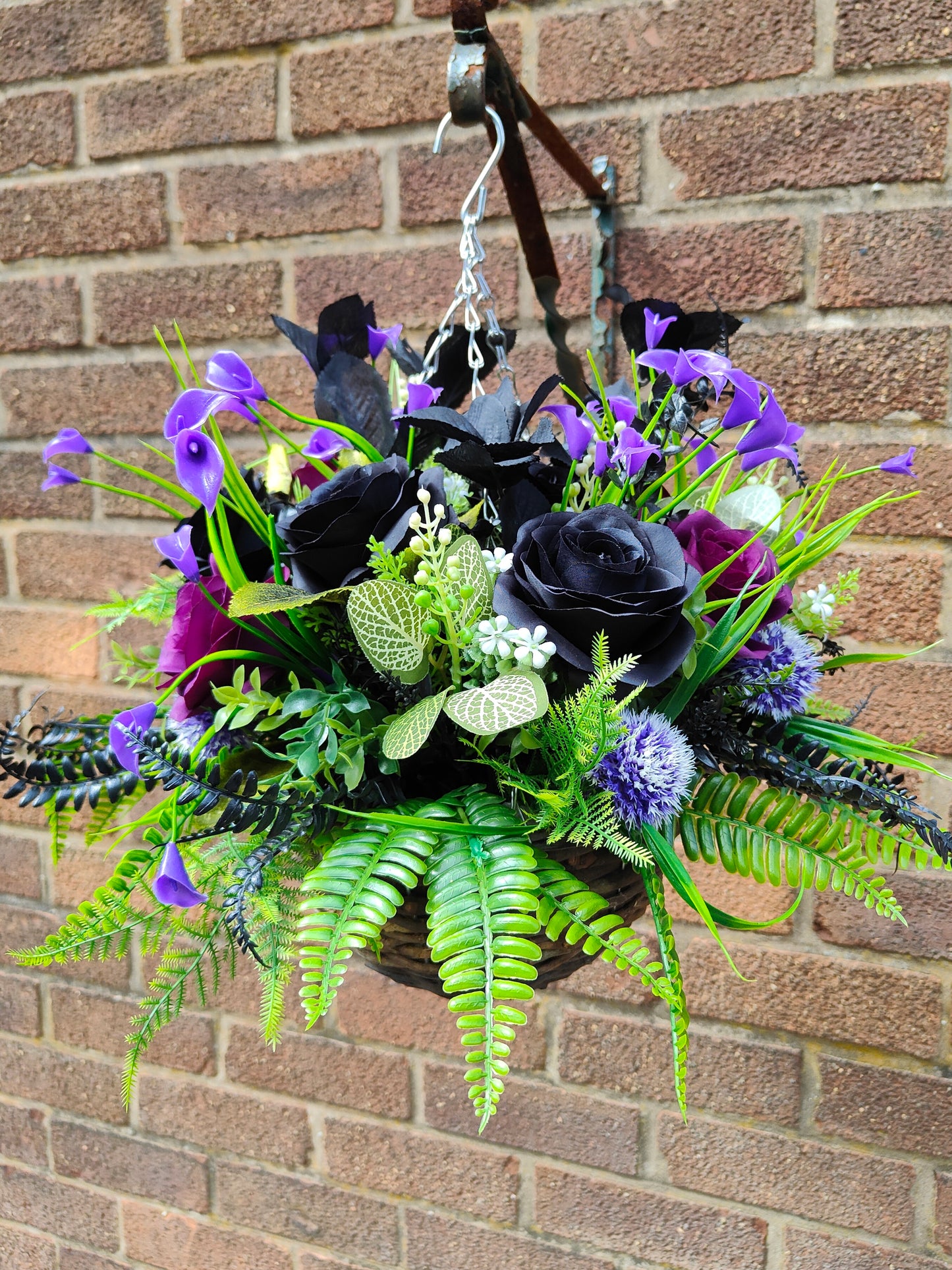 Witchy Artificial Flower Hanging Basket – Purple & Black 10 inch