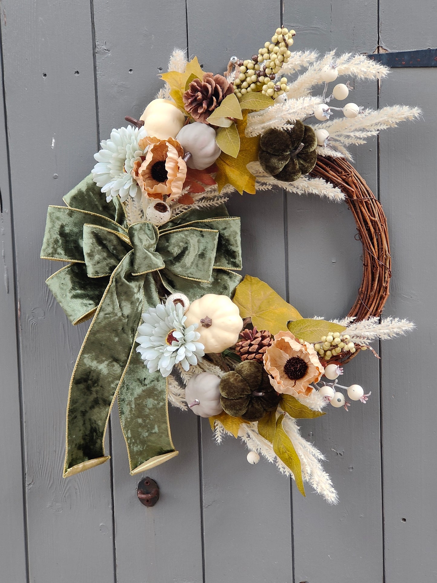 Boho Pumpkin Velvet Bow Artificial Flower Wreath