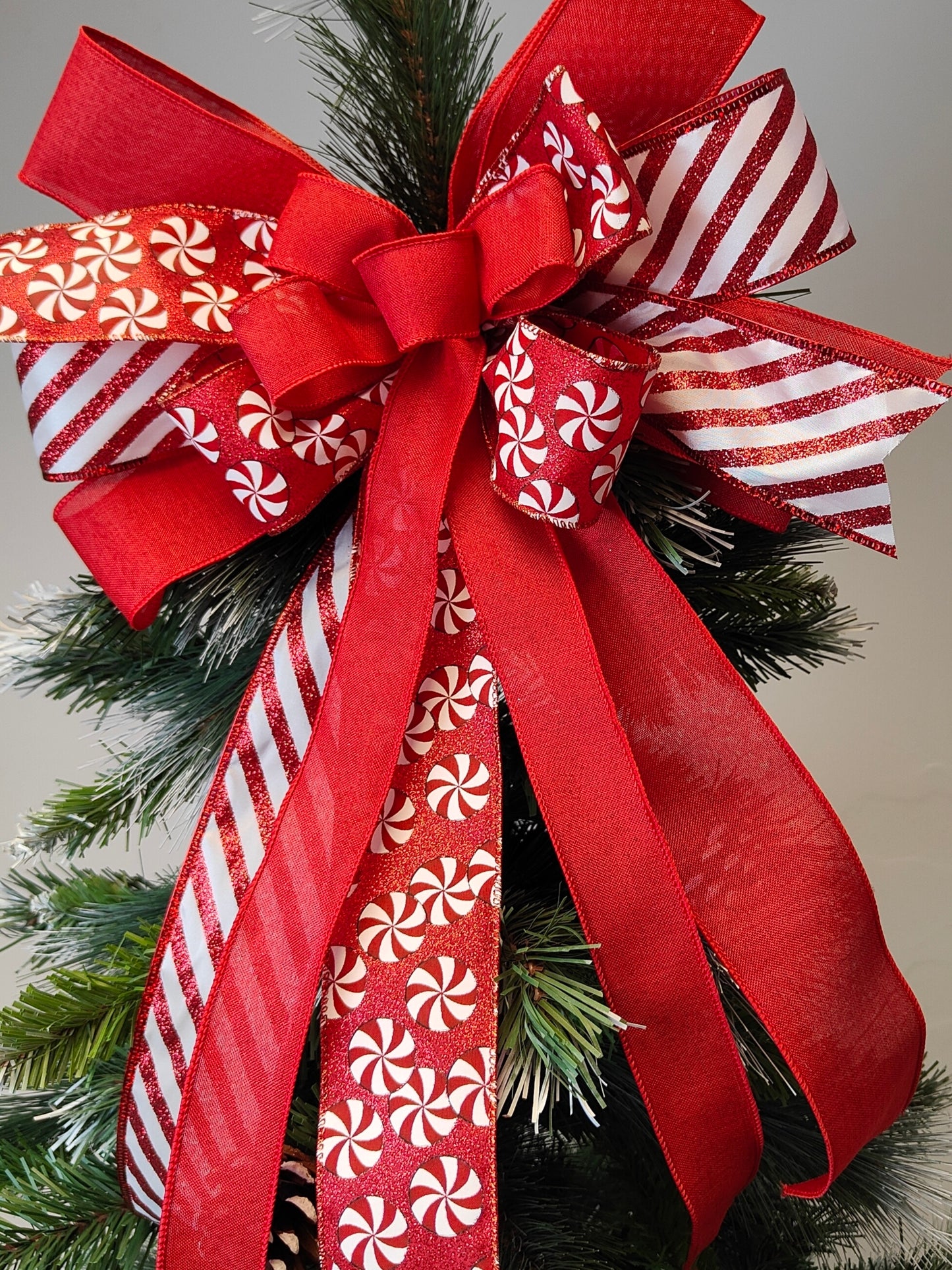 Red White Glitter Candy Cane Peppermint Bow Christmas Topper 14 inch