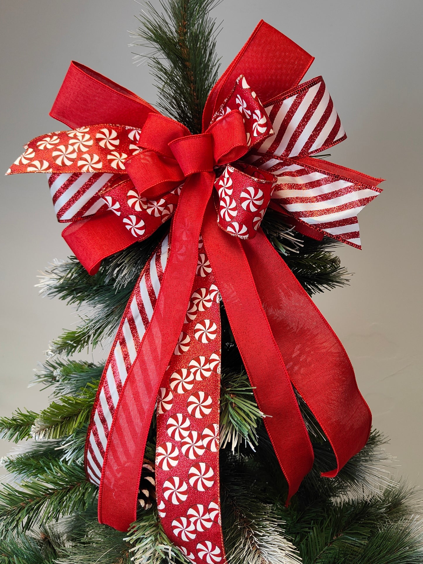 Red White Glitter Candy Cane Peppermint Bow Christmas Topper 14 inch
