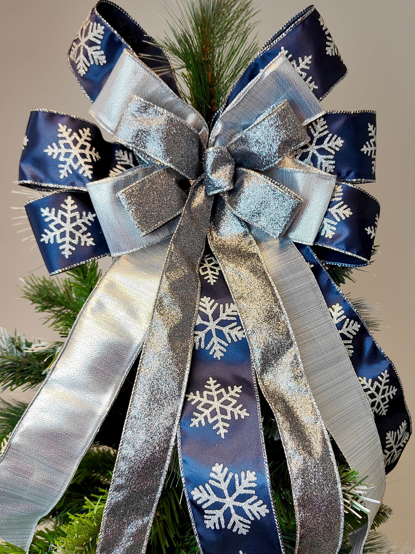 Navy Blue Silver Christmas Tree Topper Bow 14 inch