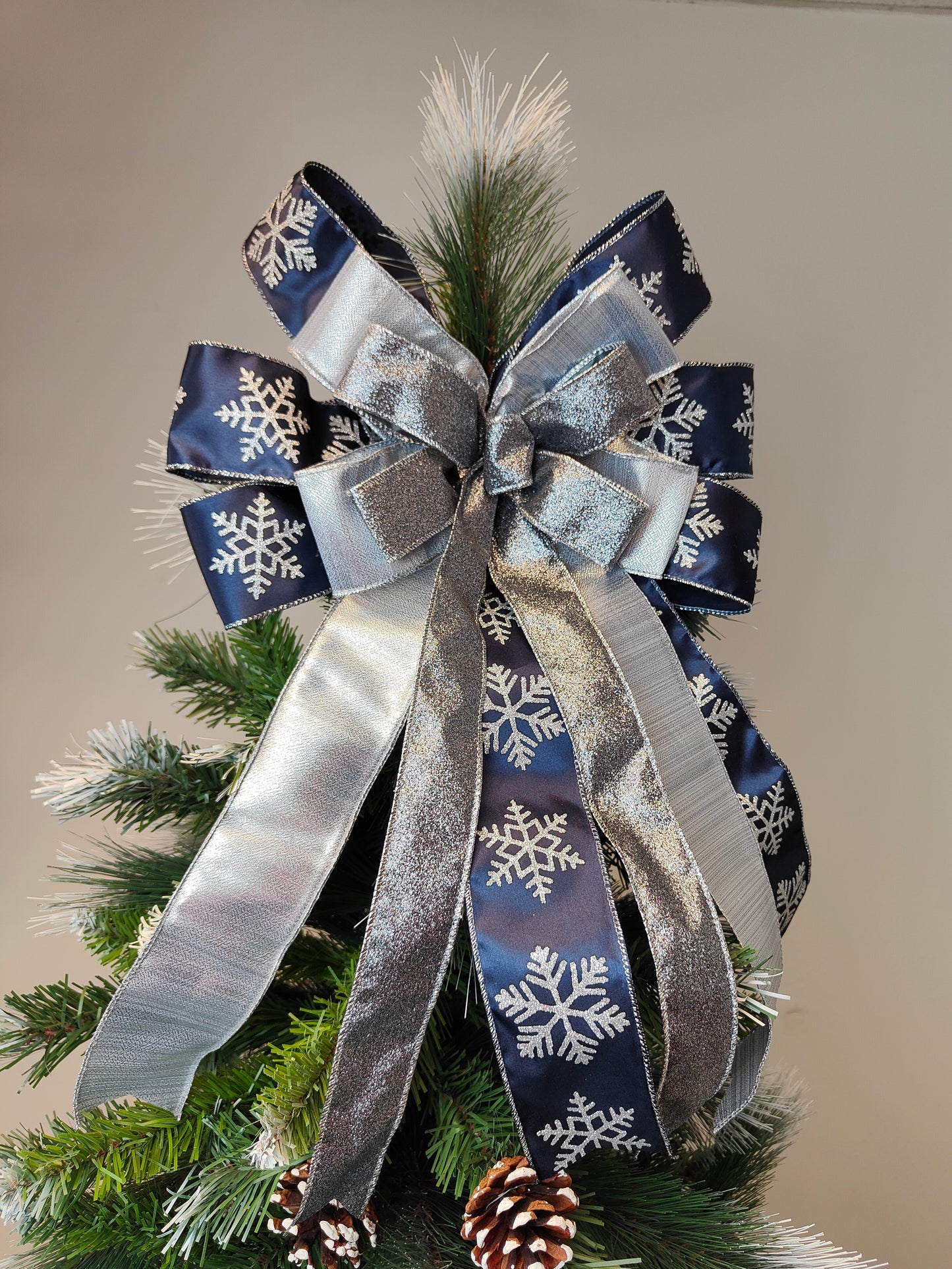 Navy Blue Silver Christmas Tree Topper Bow 14 inch