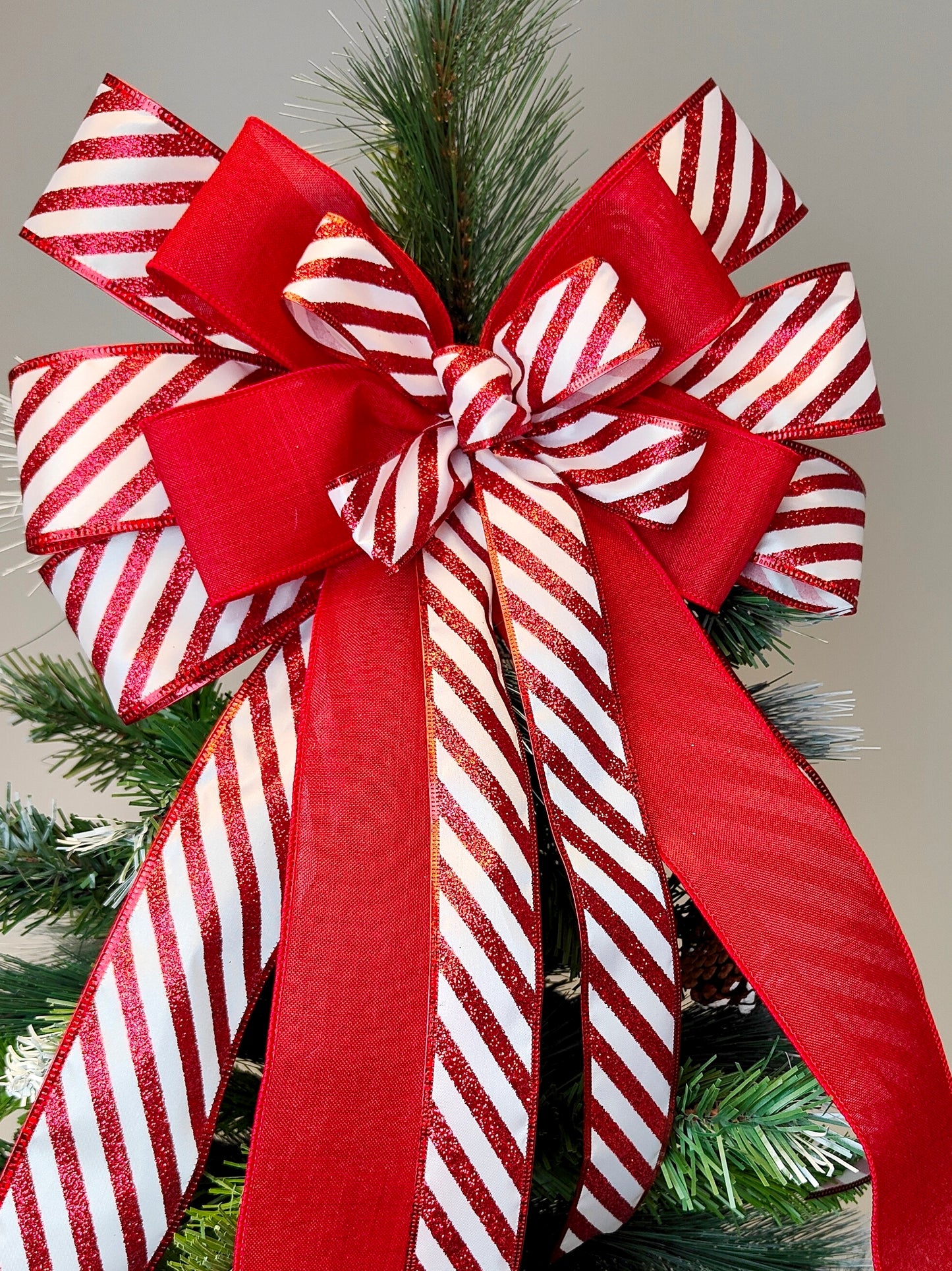 Red White Glitter Candy Cane Peppermint Bow Christmas Topper 14 inch