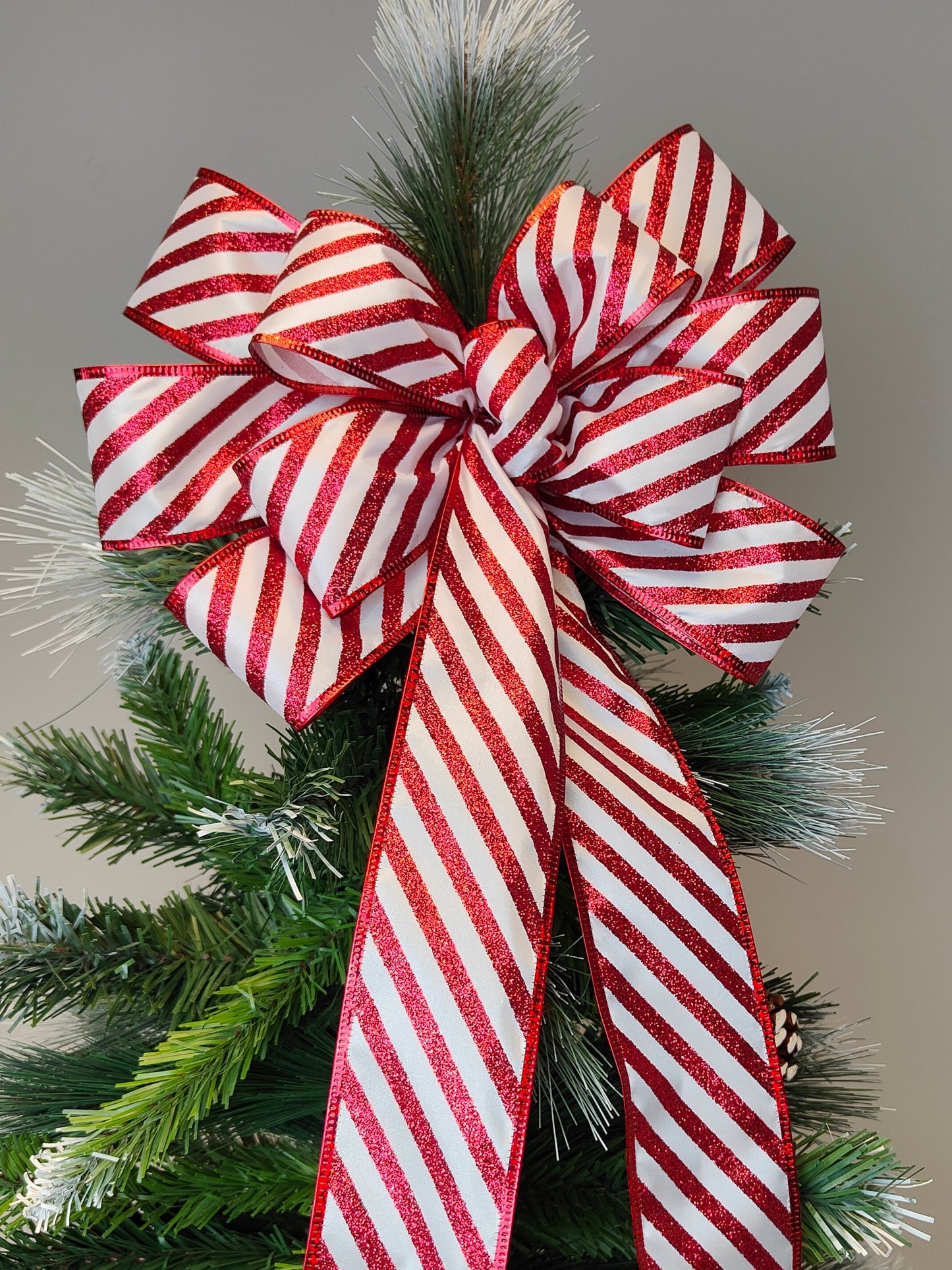 Red White Glitter Candy Cane Stripe Bow 10 inch