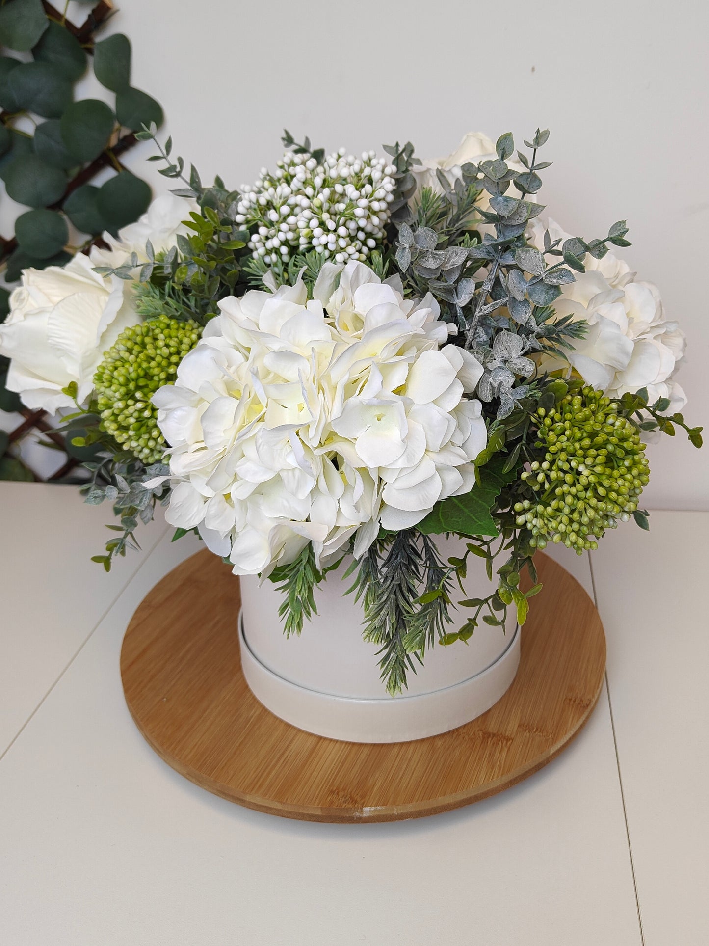 Cream Hydrgenga Artificial Flower Hat Box Arrangement Large