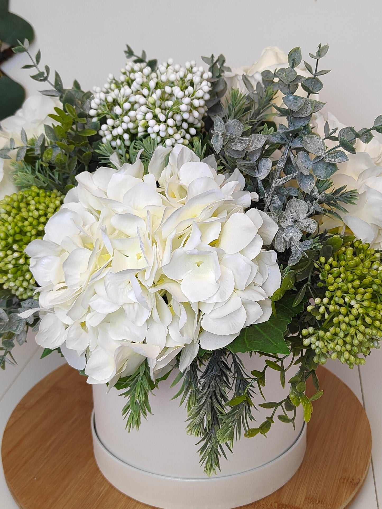 Cream Hydrgenga Artificial Flower Hat Box Arrangement Large