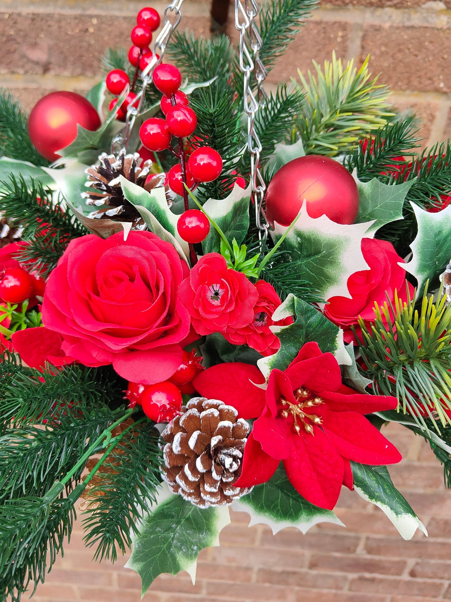 Red Poinsettia Artificial Flower with Holly Hanging Basket 10 inch