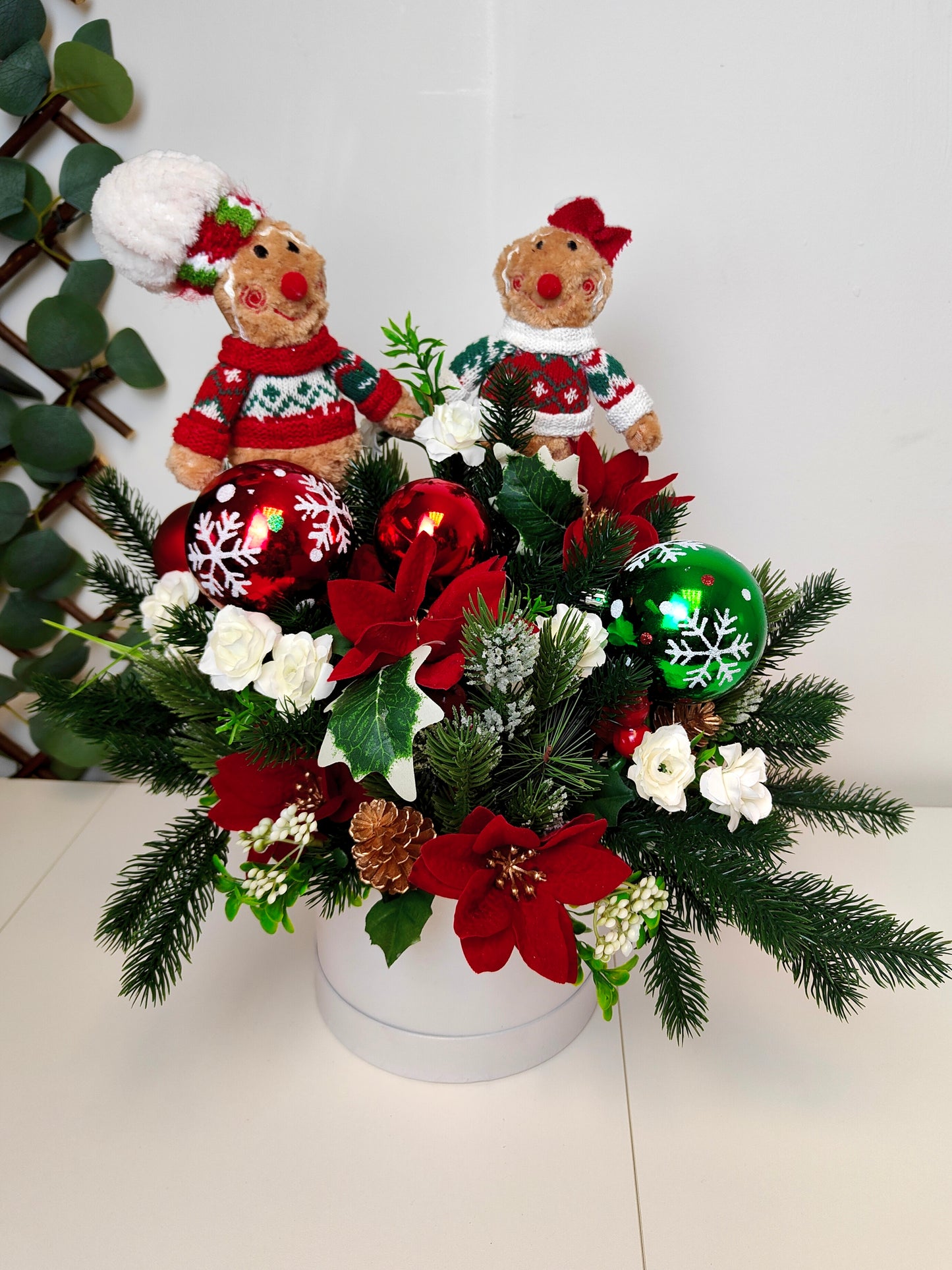 Gingerbread Man & Girl Poinsettia Hat Box Arrangement – Artificial Christmas Centerpiece