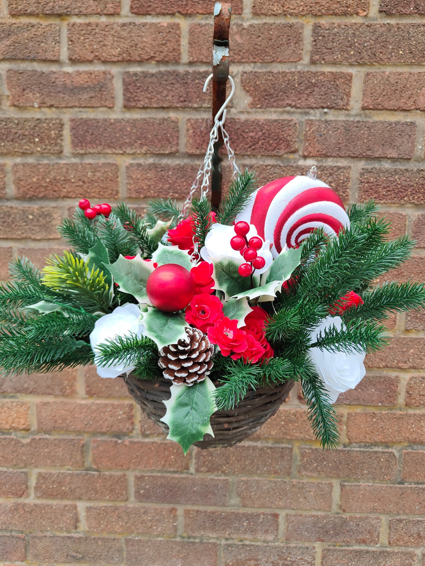 Candy Cane Red White Artificial Flower with Holly Hanging Basket 10 inch