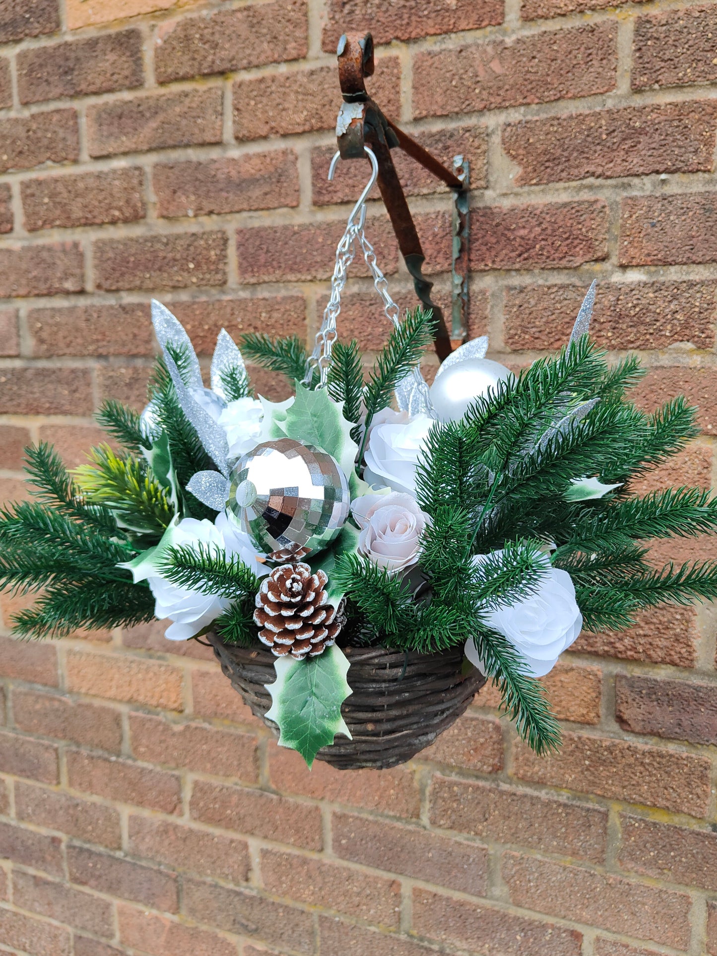 Silver White Grey Artificial Flower with Holly Hanging Basket 10 inch