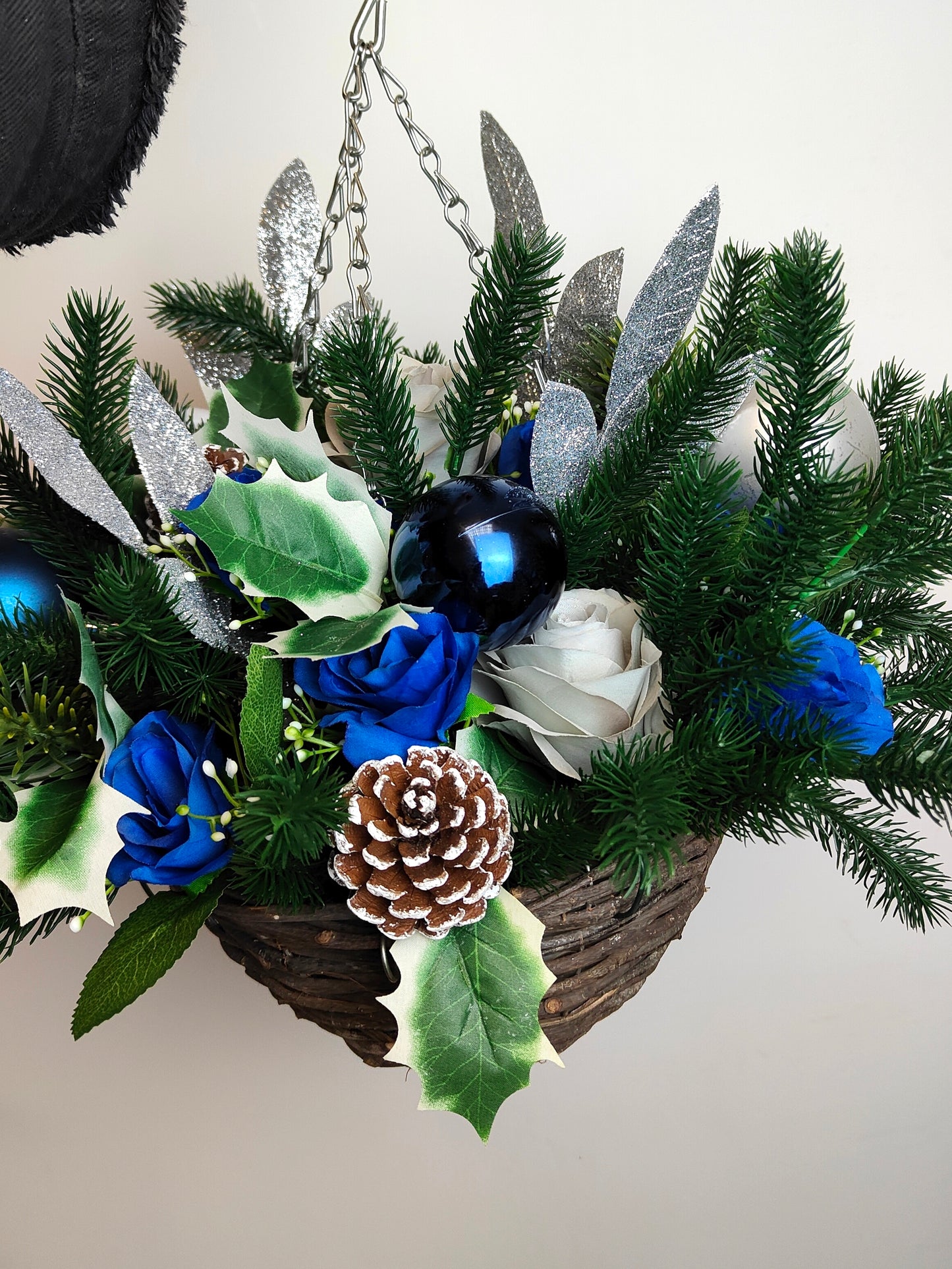 Blue Silver Grey Artificial Flower with Holly Hanging Basket 10 inch