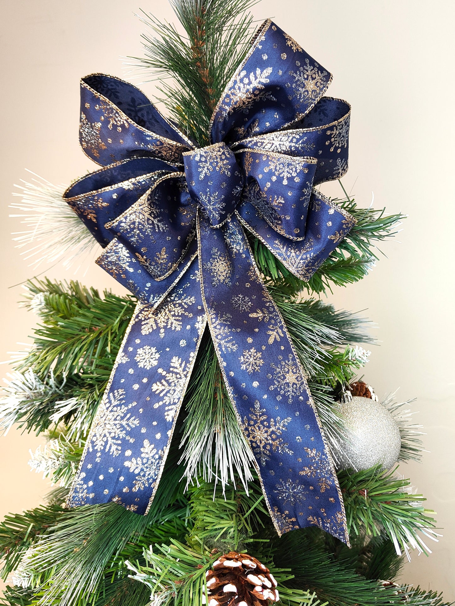 Navy Blue Gold Snowflake Christmas Bow Wreath