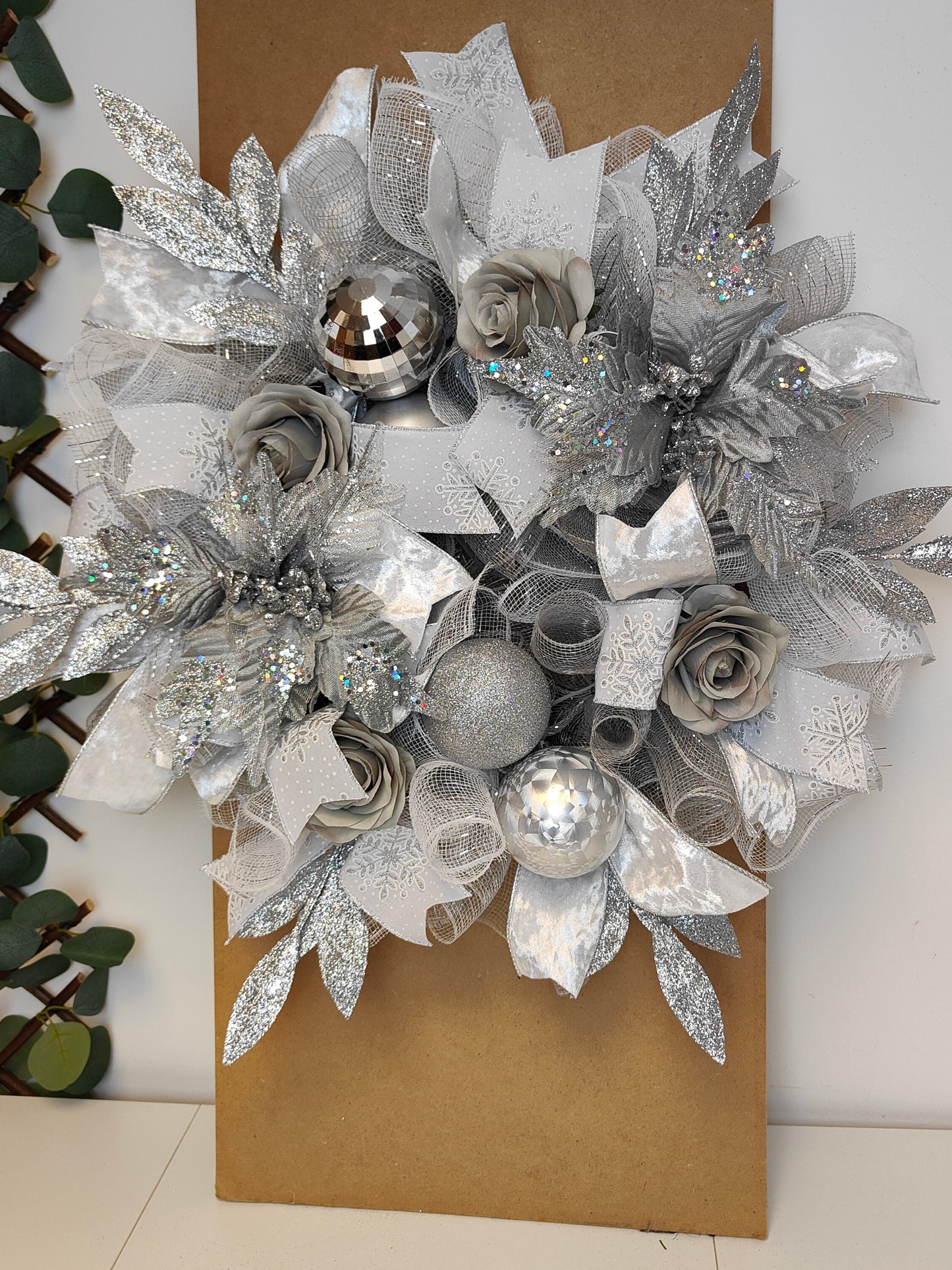 Grey Silver White Poinsettia Christmas Wreath