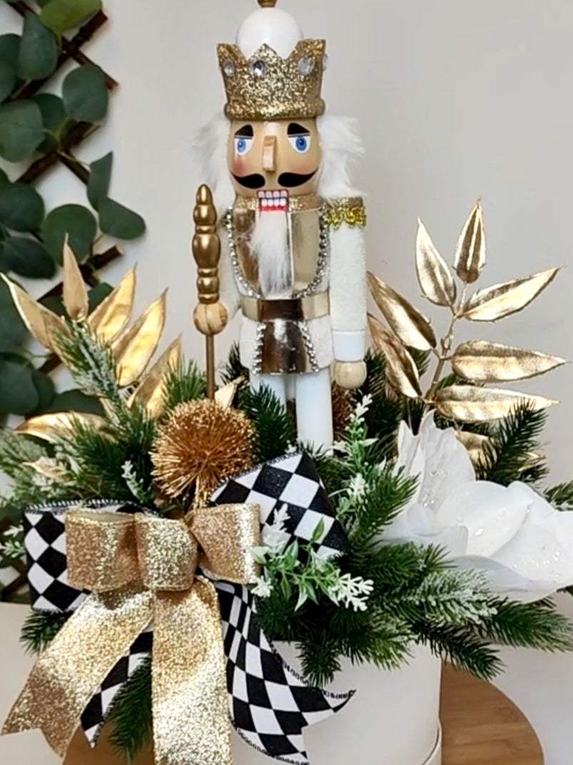White Gold Nutcracker Christmas Hat Box Arrangement – Artificial Christmas Centerpiece