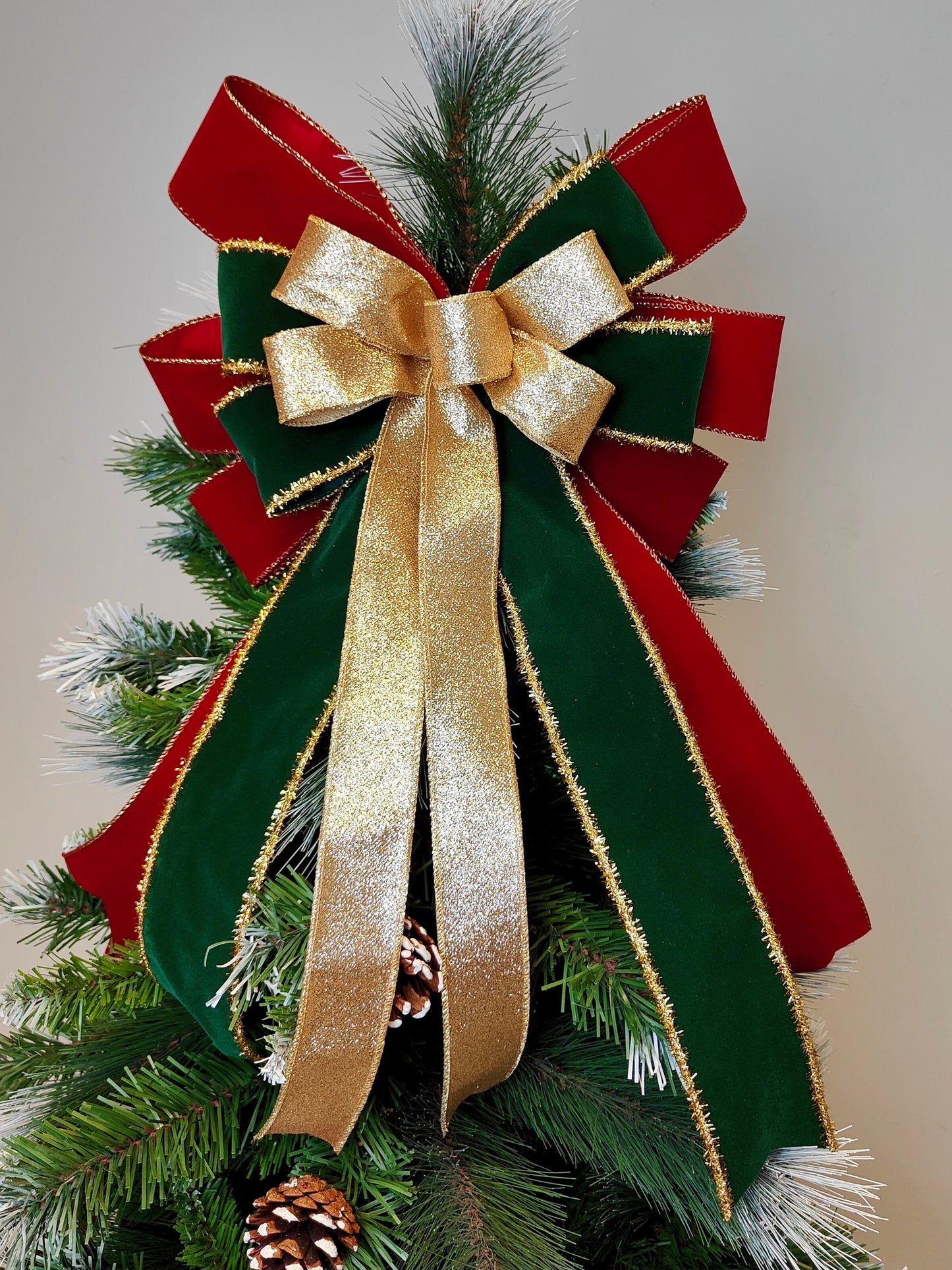 Red Green Gold Velvet Christmas Tree Topper Bow 14 inch