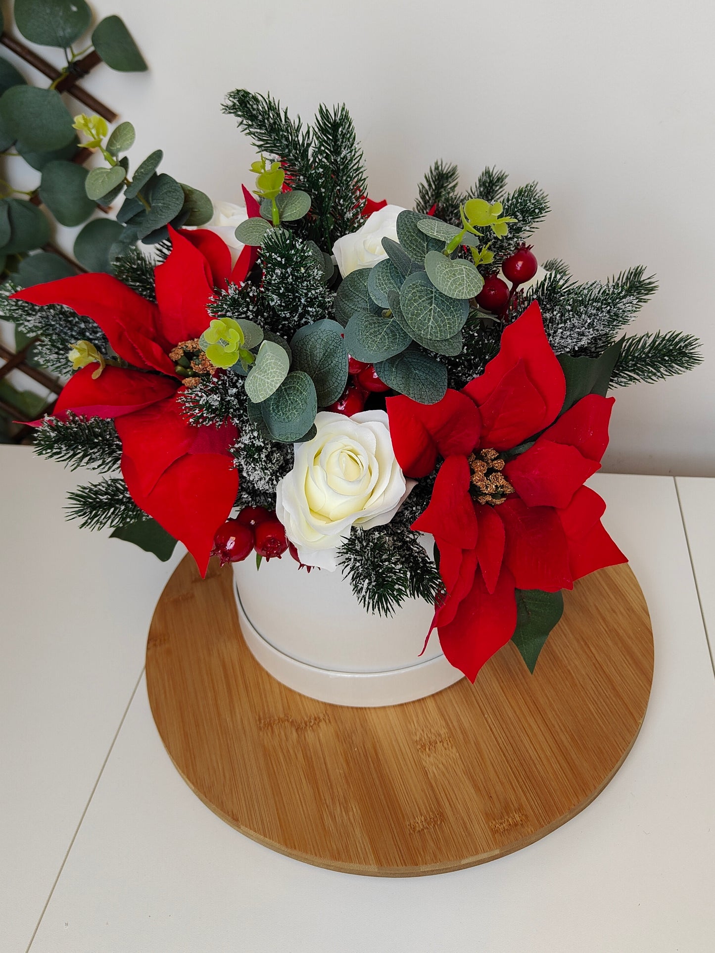 Red and Cream Poinsettia Hat Box Arrangement – Artificial Christmas Centerpiece