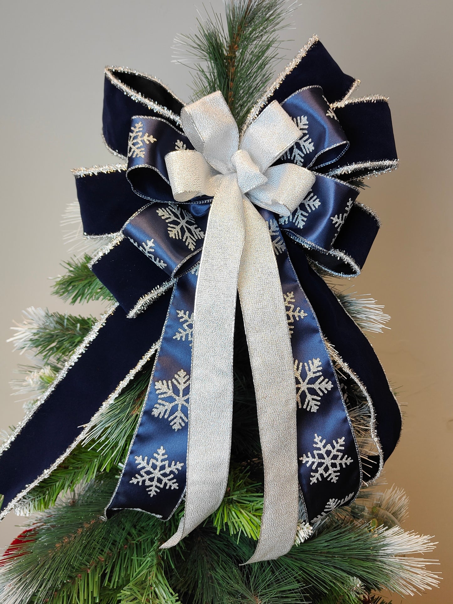 Navy Blue Velvet Silver Christmas Tree Topper Bow 14 inch