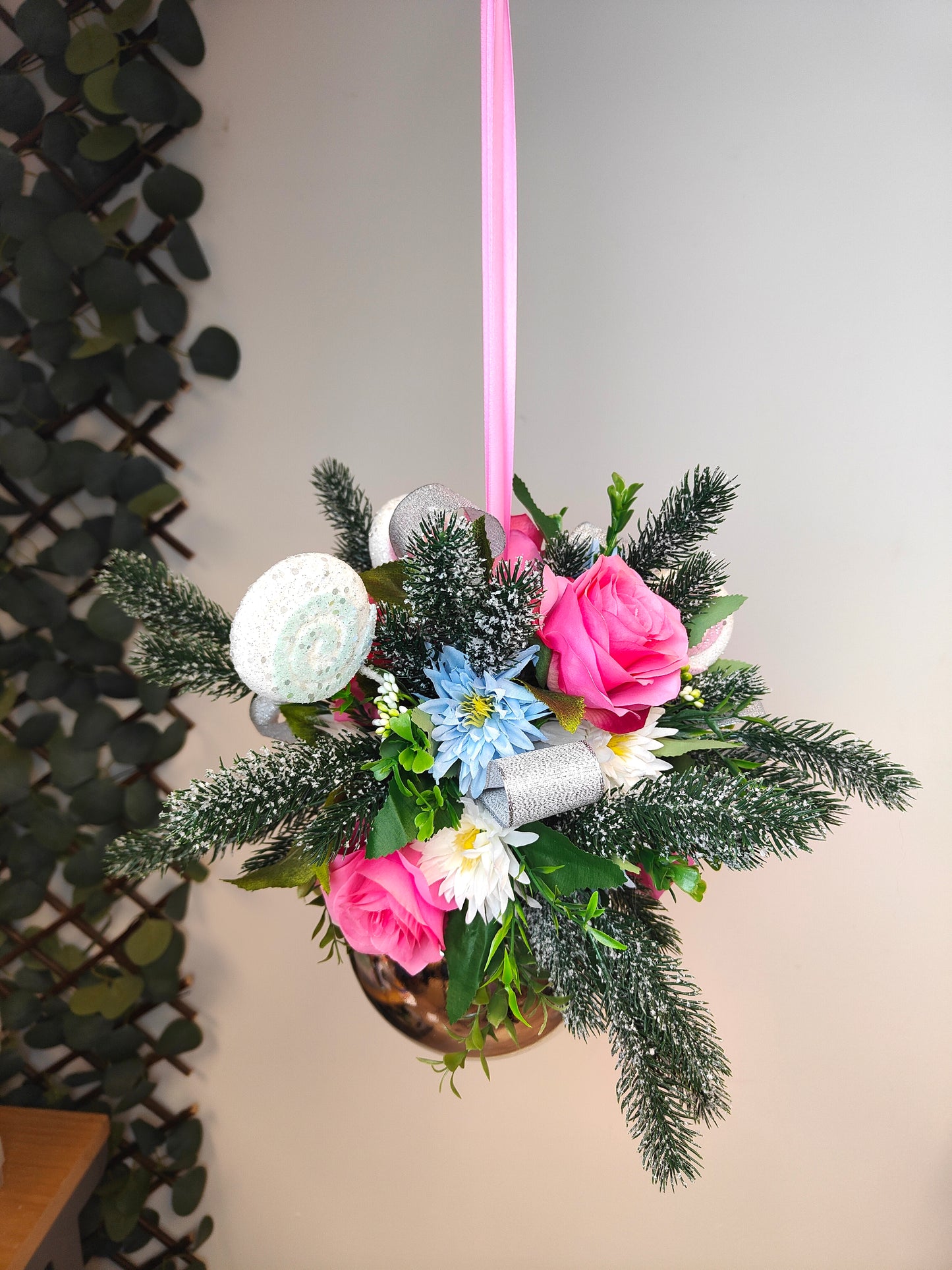 Pink White Blue Candyland Flower Christmas Silver Bauble Artificial
