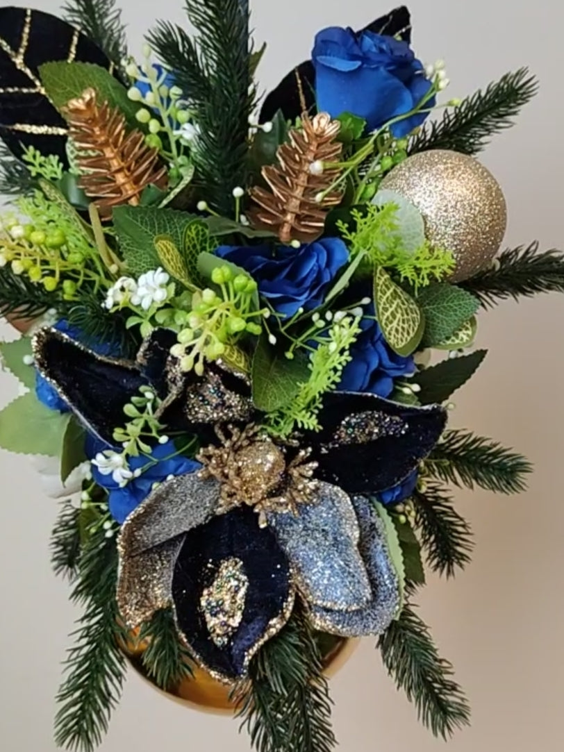 Gold Navy Blue Silver Flower Christmas Gold Bauble Artificial