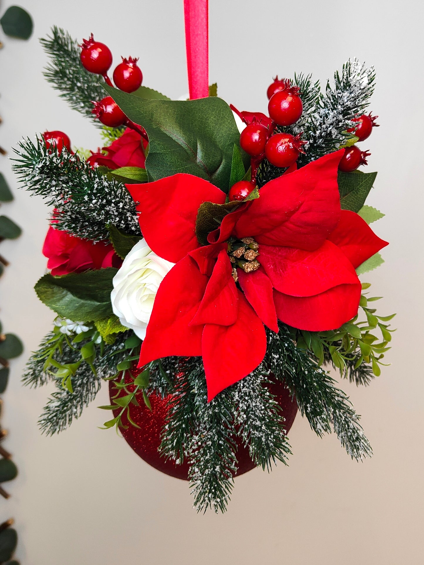 Red Cream Poinsettia Flower Christmas Red Glitter Bauble Artificial
