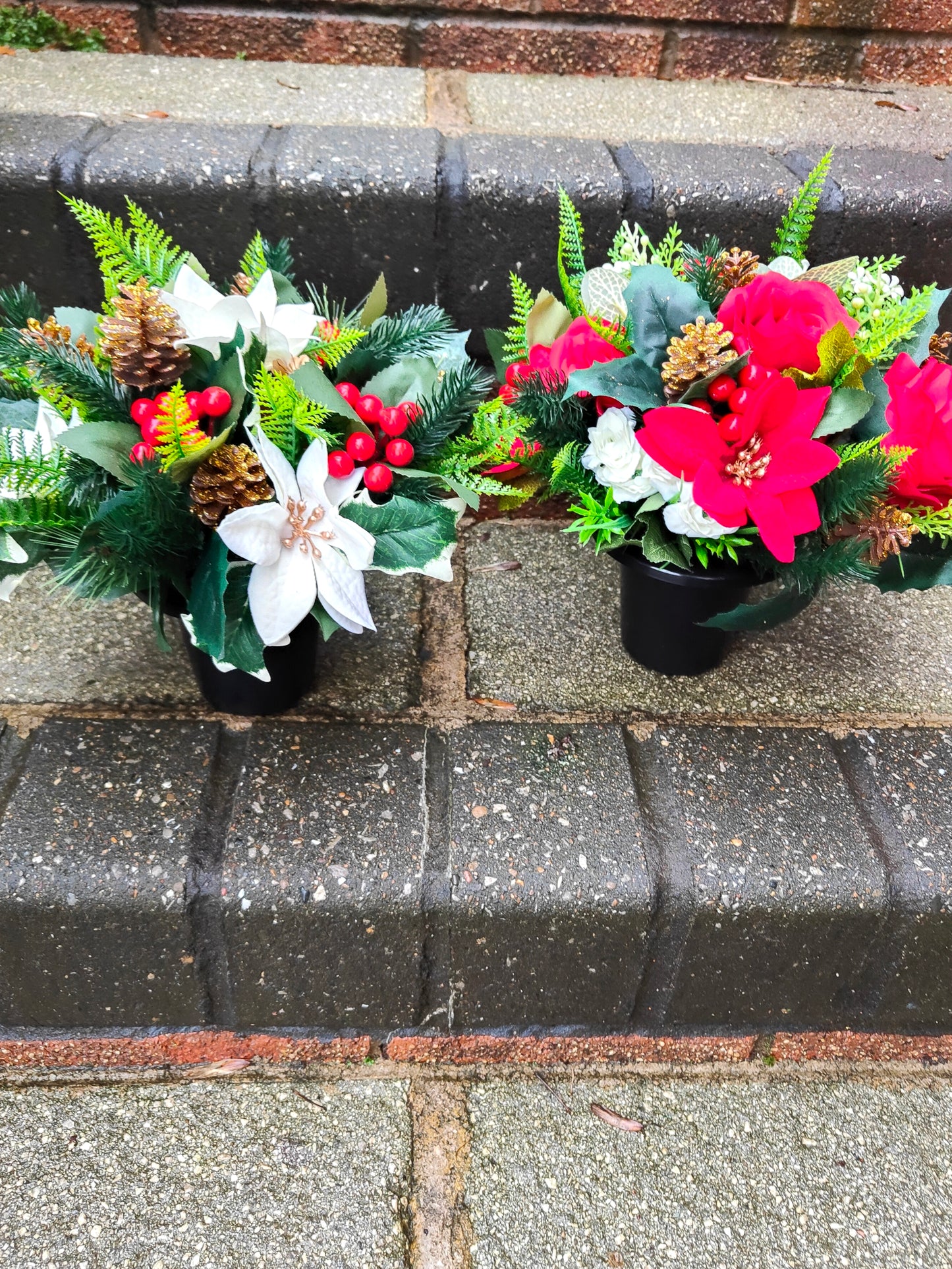 White Poinsettia Christmas Artificial Flower Grave Pot Free P&P