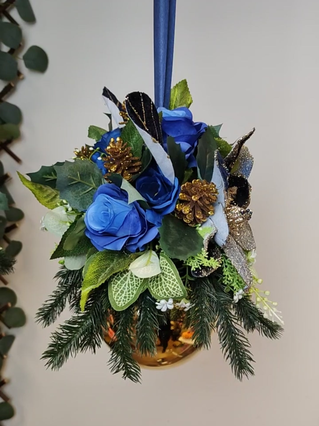 Gold Navy Blue Silver Flower Christmas Gold Bauble Artificial