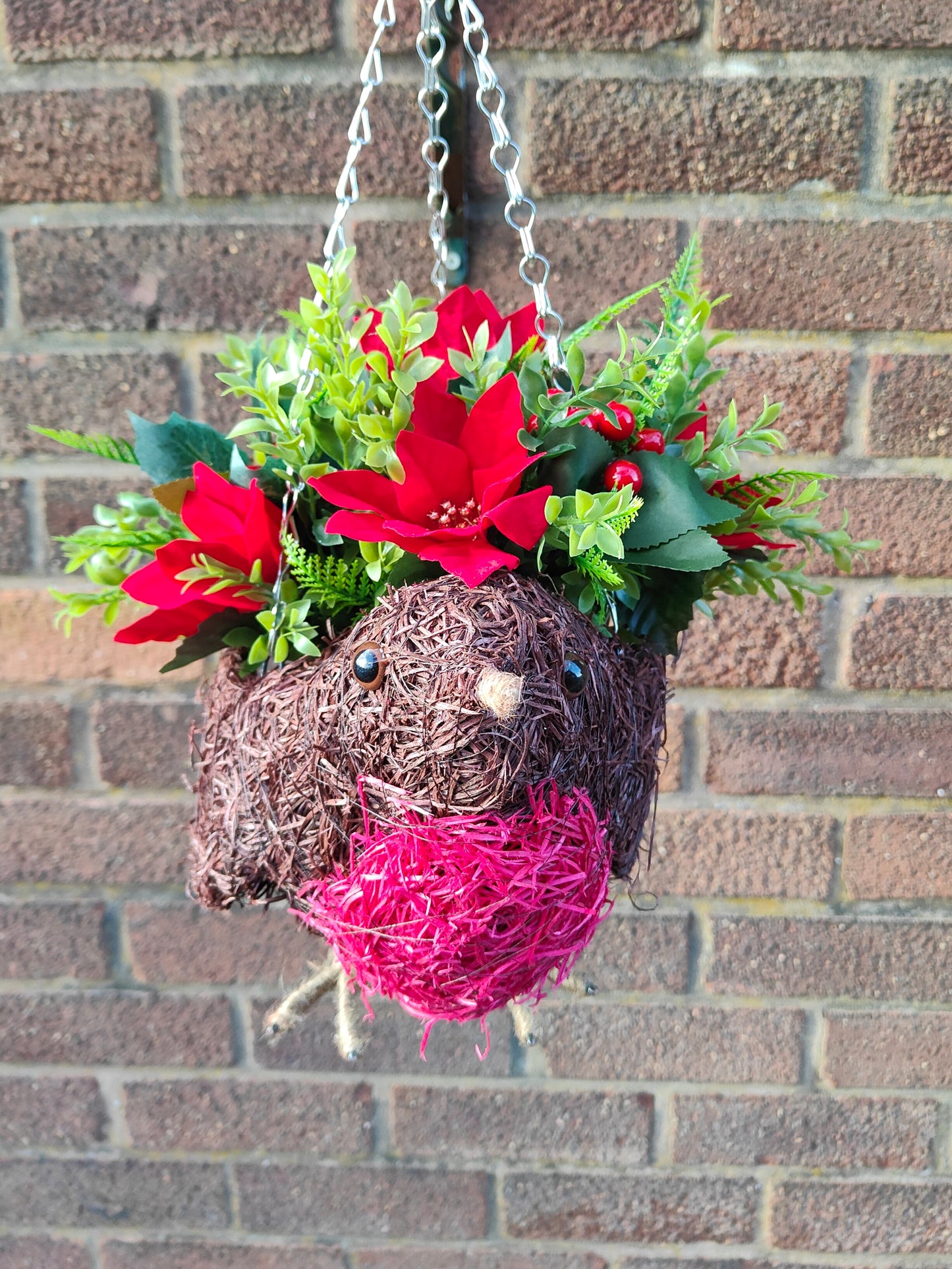 Christmas Robin Red Gold Poinsettia Artificial Flower Hanging Basket