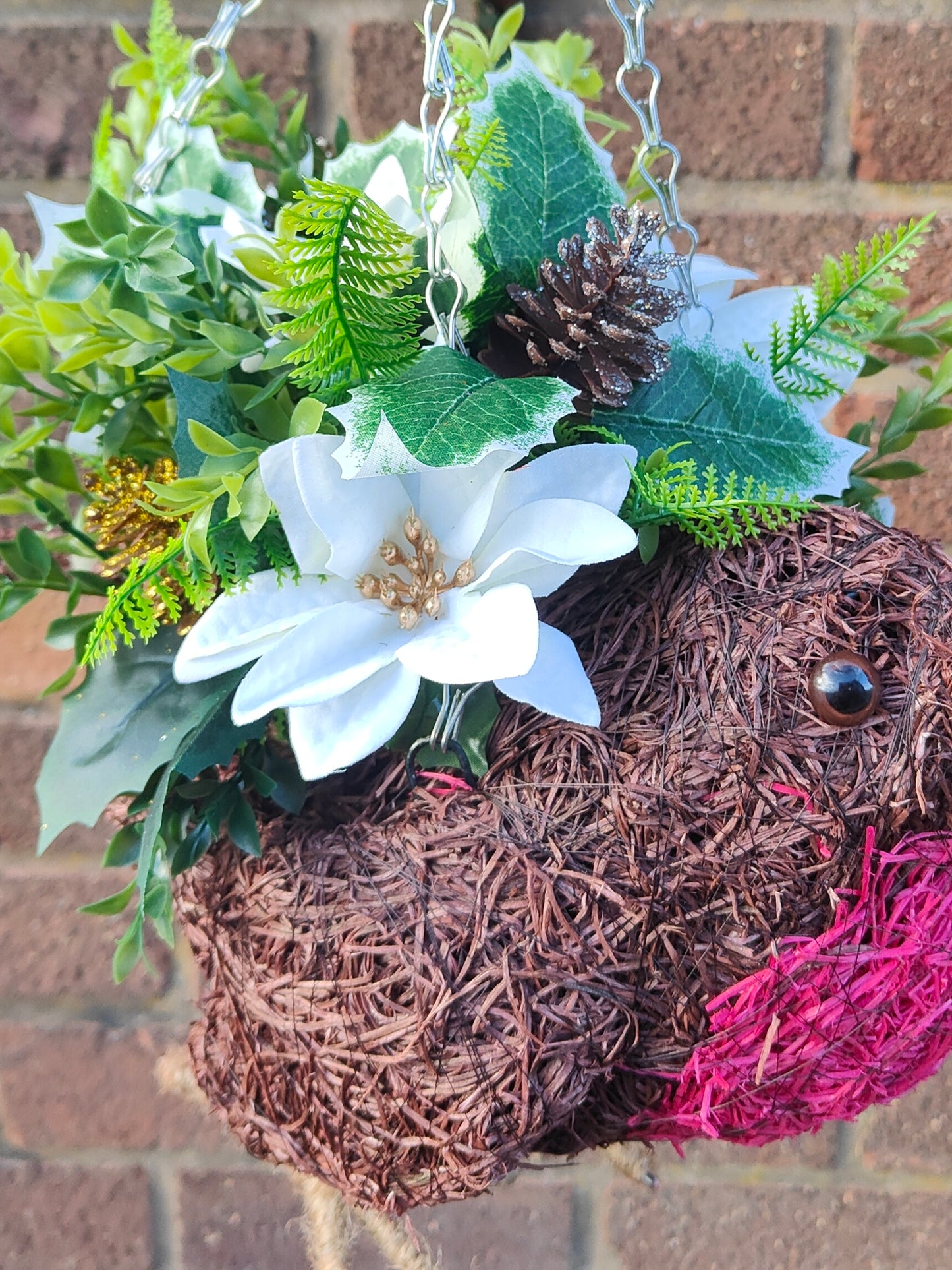 Christmas Robin Cream Holly Silver Poinsettia Artificial Flower Hanging Basket