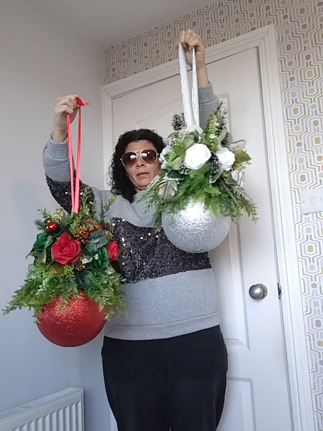 Medium Red Green Flower Christmas Bauble Artificial