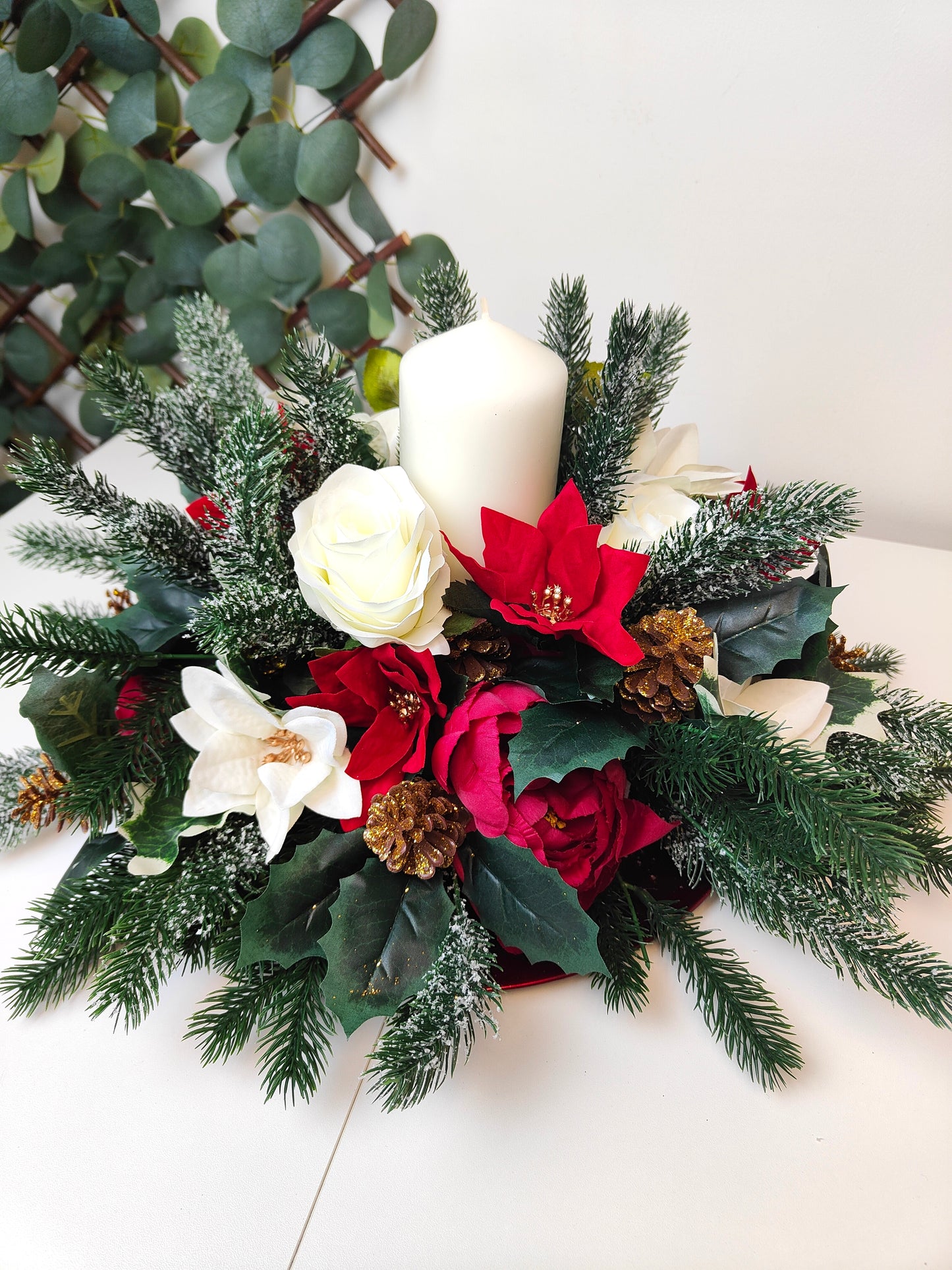 Gold Red and Cream Poinsettia Christmas Candle Arrangement – Artificial Christmas Centerpiece