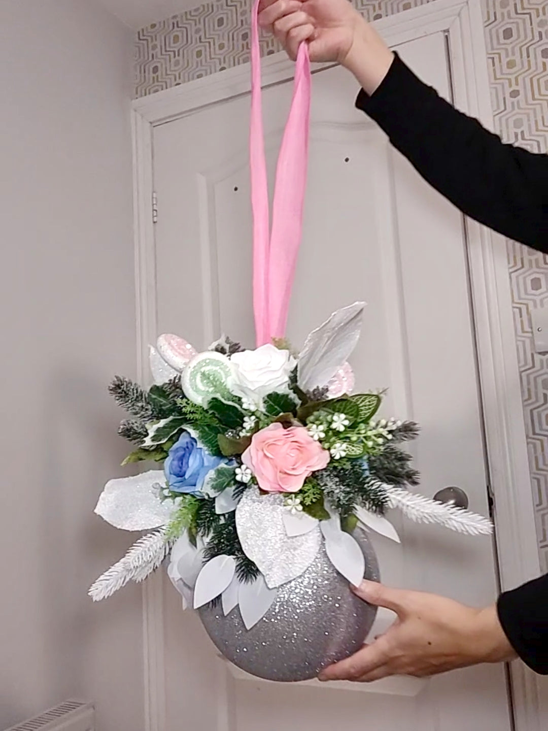 Medium Candyland Pink White Silver Flower Christmas Bauble Artificial