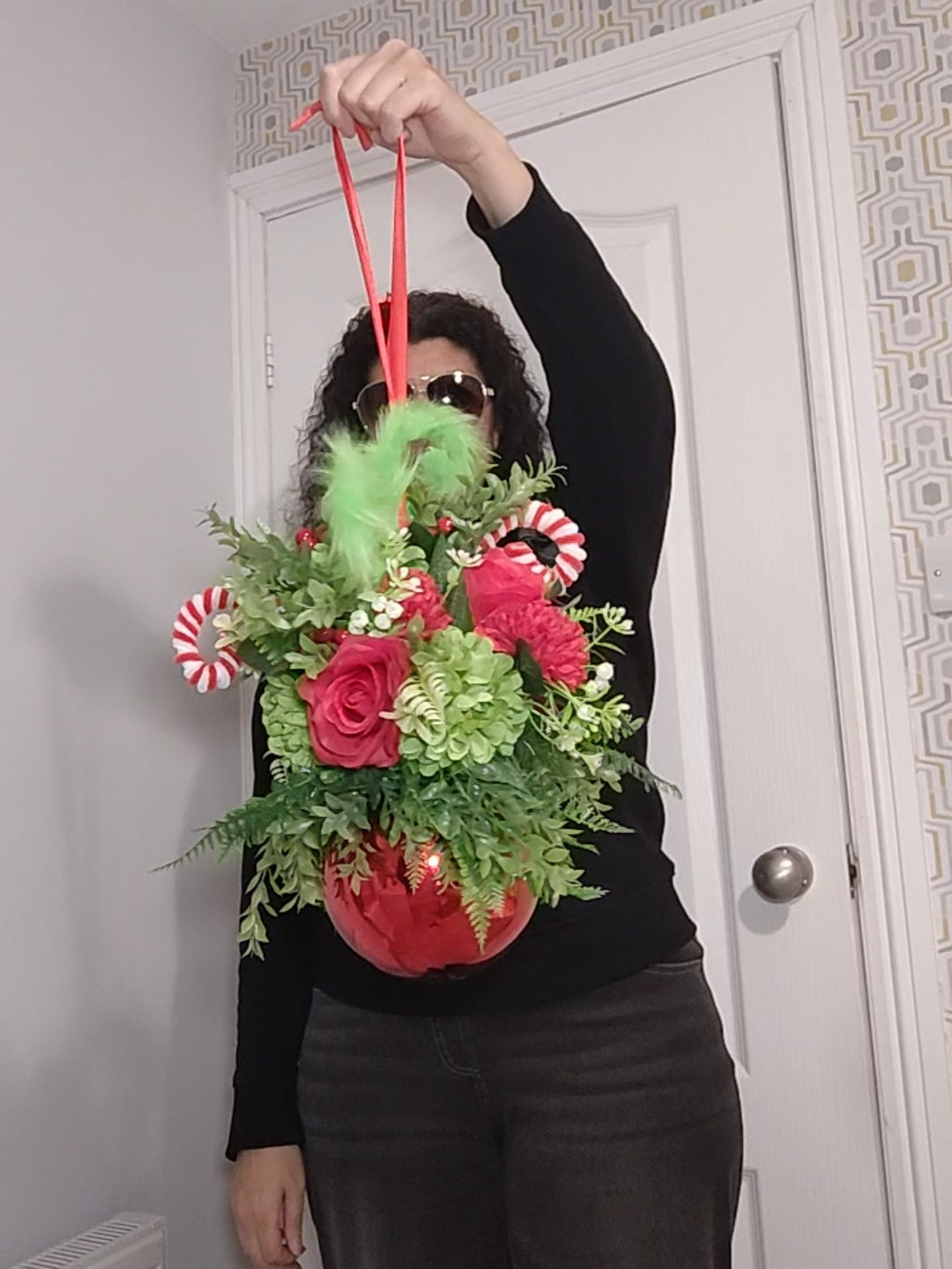 Small Red Green Flower Christmas Green Monster Red Bauble Artificial