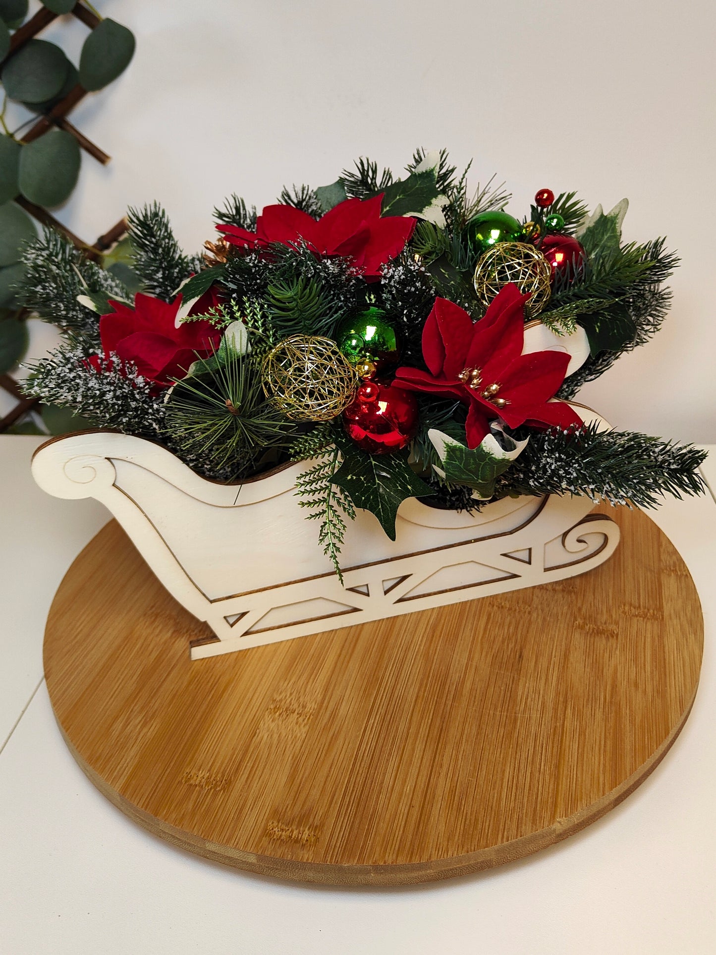 Red Gold and Green Poinsettia Christmas Sleigh Arrangement – Artificial Christmas Centerpiece