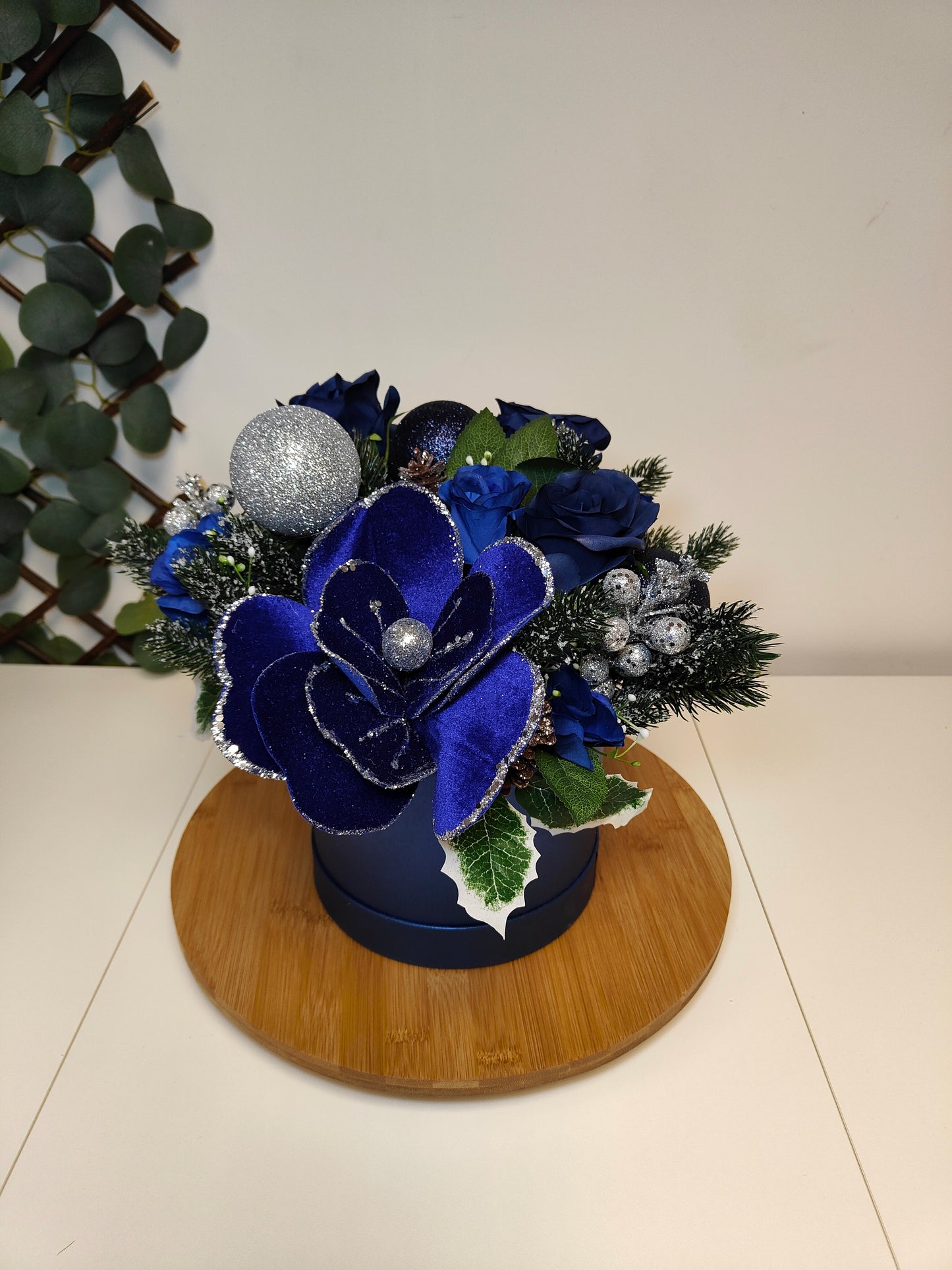 Blue and Silver Christmas Hat Box Arrangement – Artificial Christmas Centerpiece
