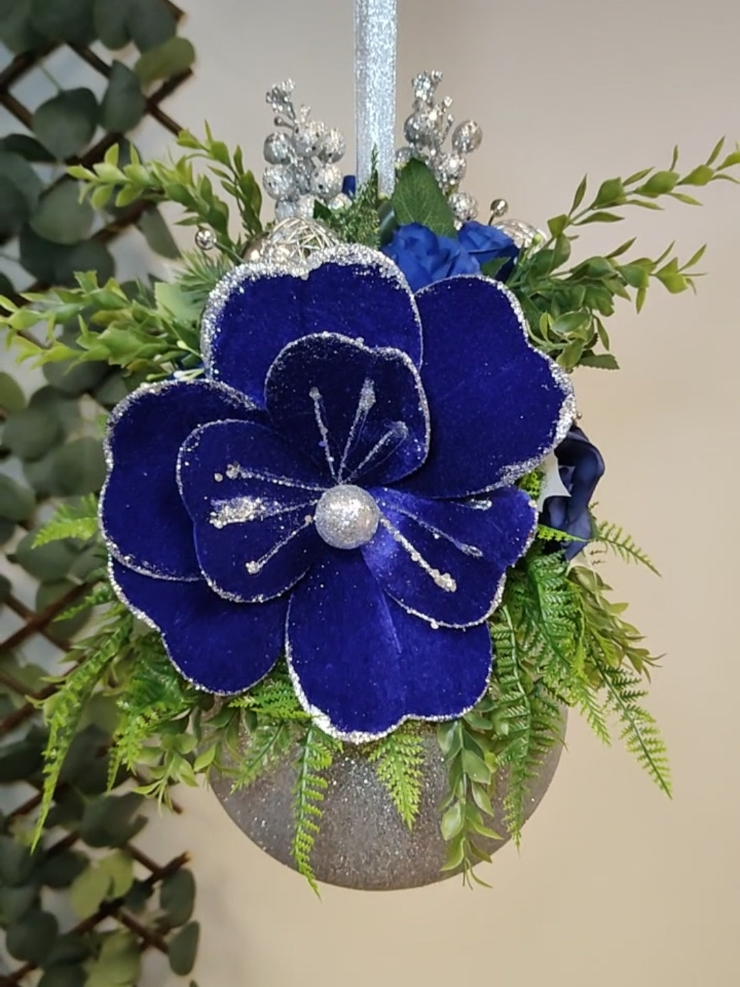 Medium Silver Blue White Flower Christmas Bauble Artificial