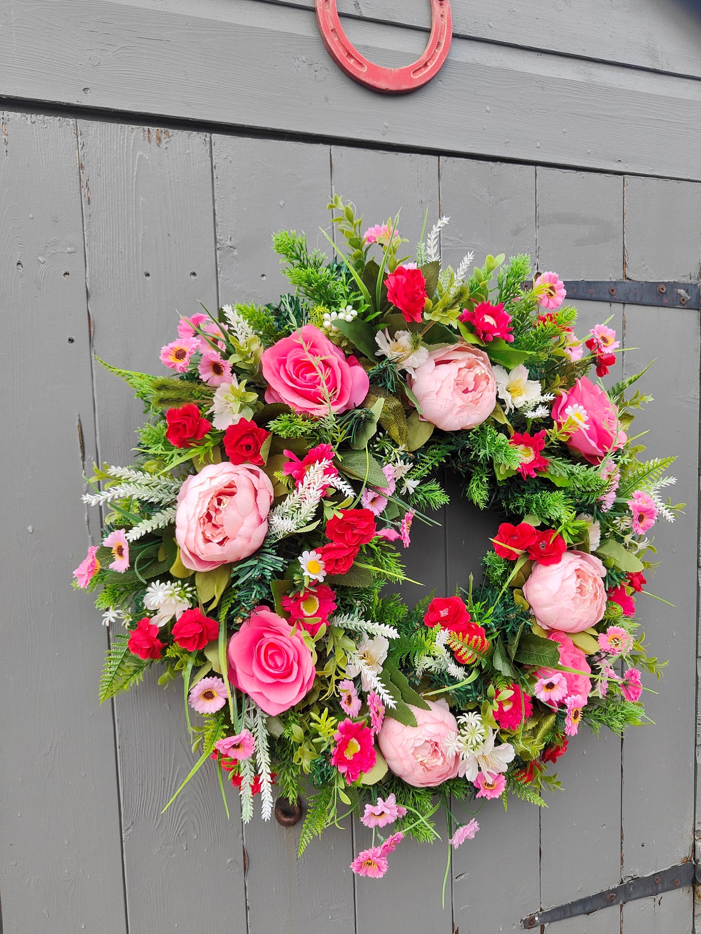 Red White Pink Artificial Flower Wreath