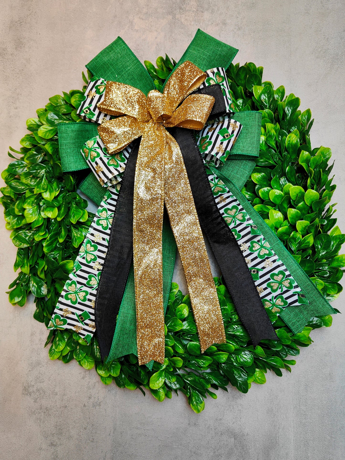 Shamrock Green White Black Gold Glitter Wreath Bow f