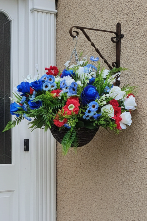 Red White & Blue Artificial Flower Hanging Basket – Patriotic Decor for 4th of July, Coronation & V Day Hanging Basket 10 inch