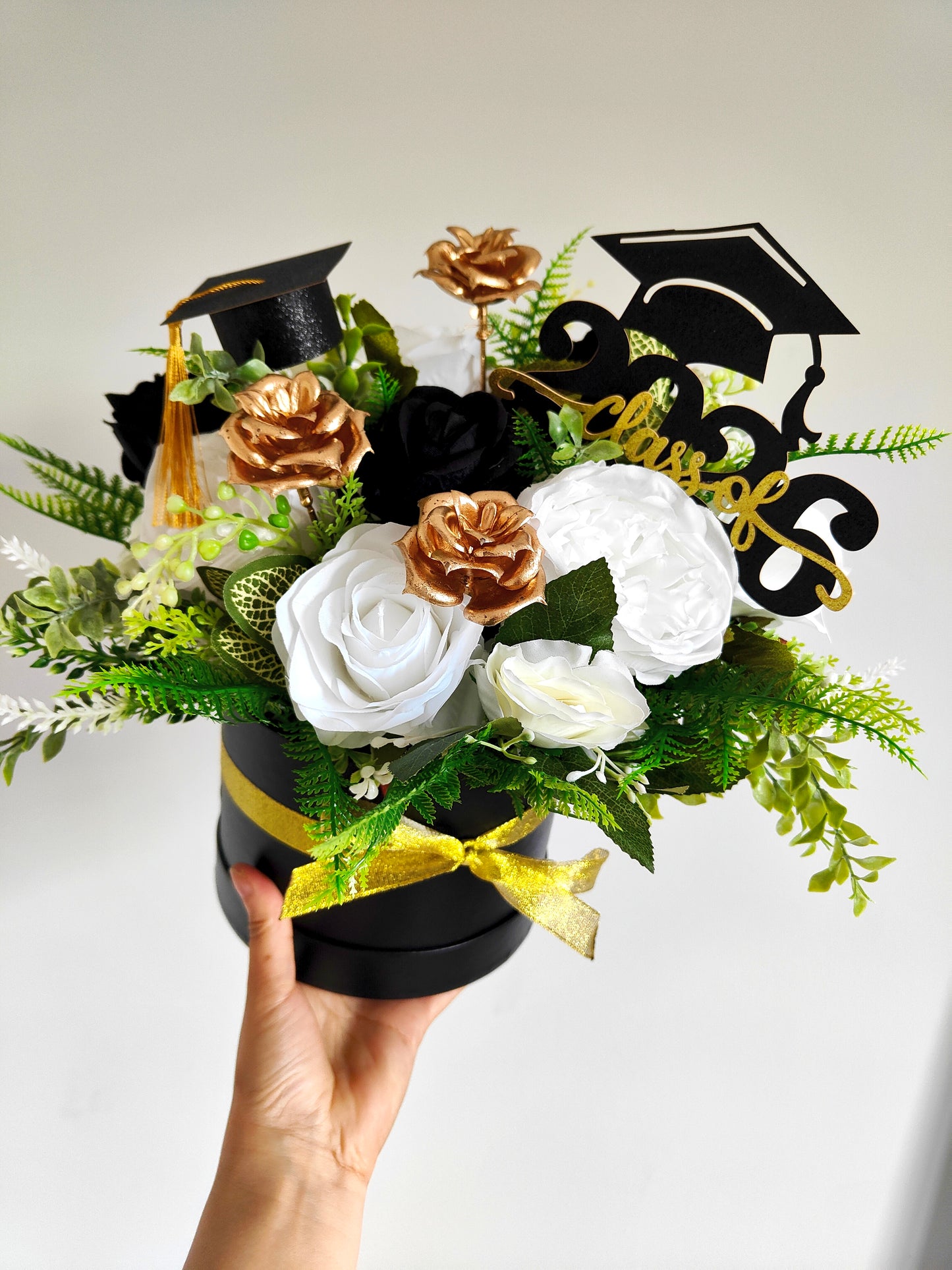 Black White Gold Artificial Flower Graduation Medium Hat Box Gift 2026 – Class of 2026
