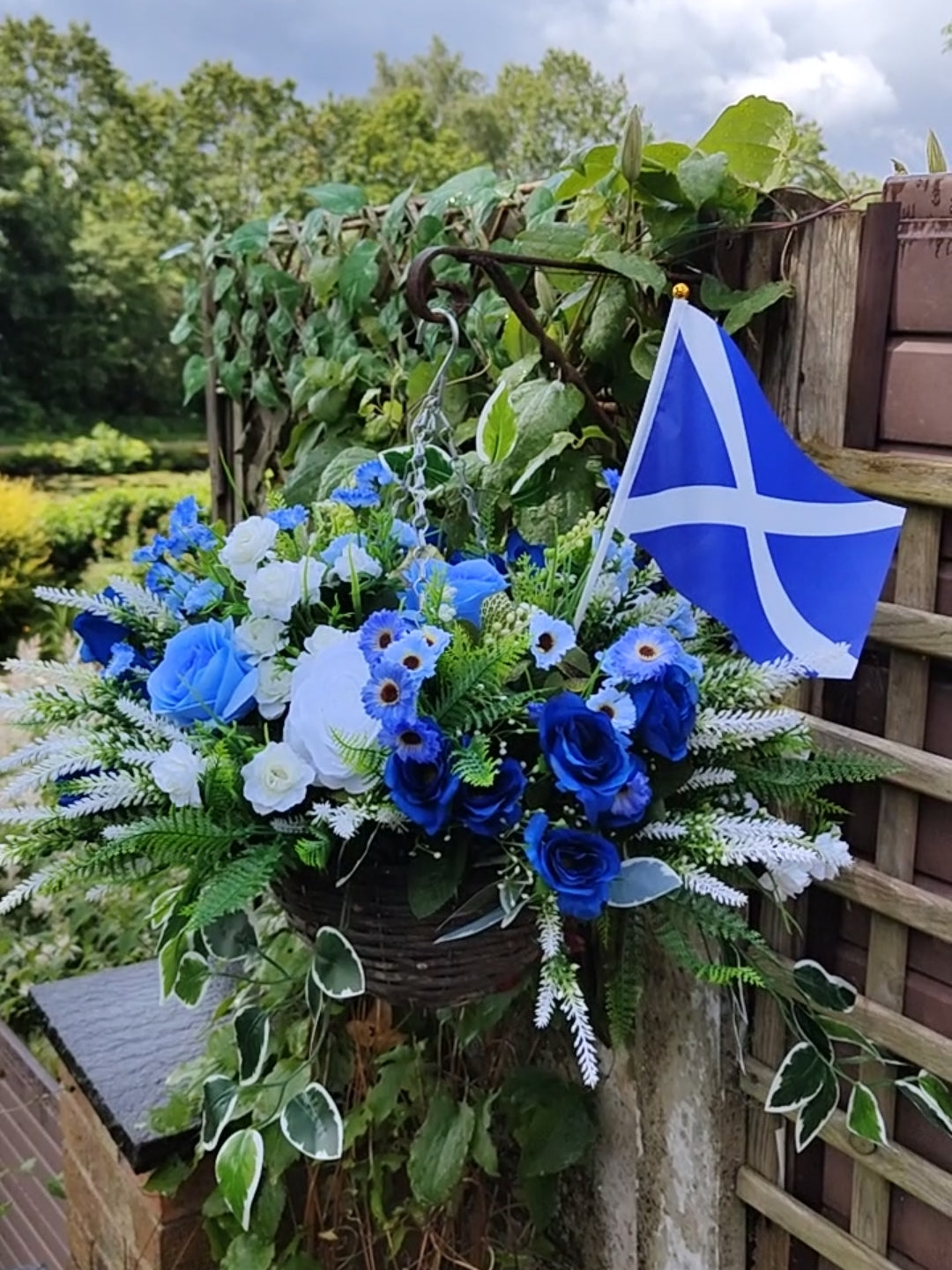 World Cup Blue & White Scotland Flag Artificial Flower Hanging Basket 10 inch